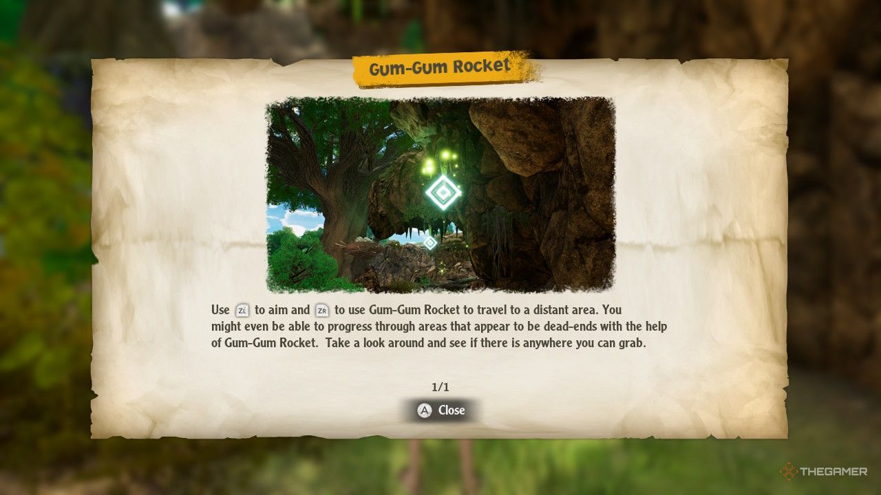 Instrucciones para utilizar la habilidad de exploración de Luffy, Gum Gum Rocket, en One Piece Odyssey.