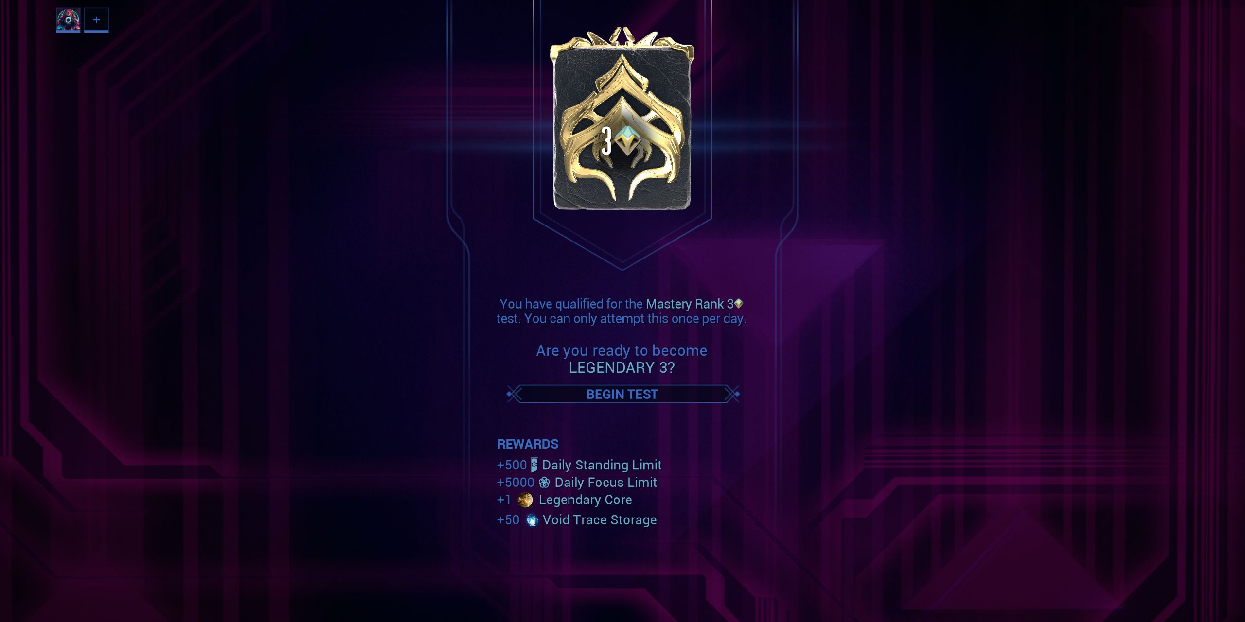 Menú de preparación de pruebas legendarias en Warframe