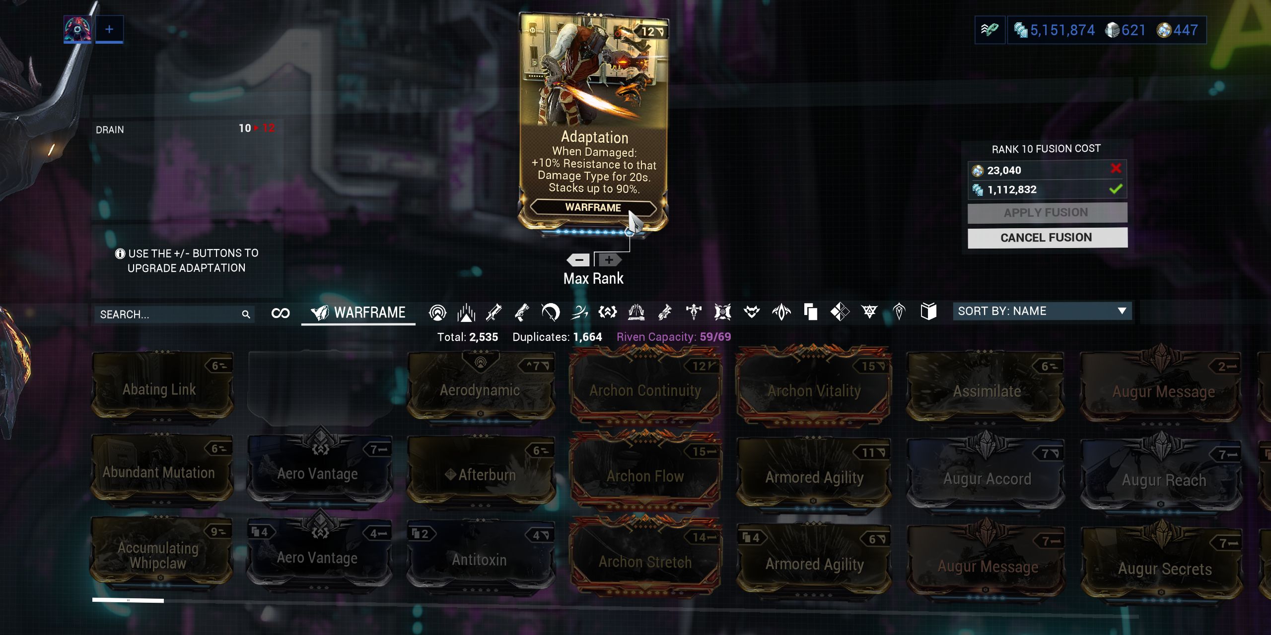 Un Mod que se sube de nivel en Warframe.
