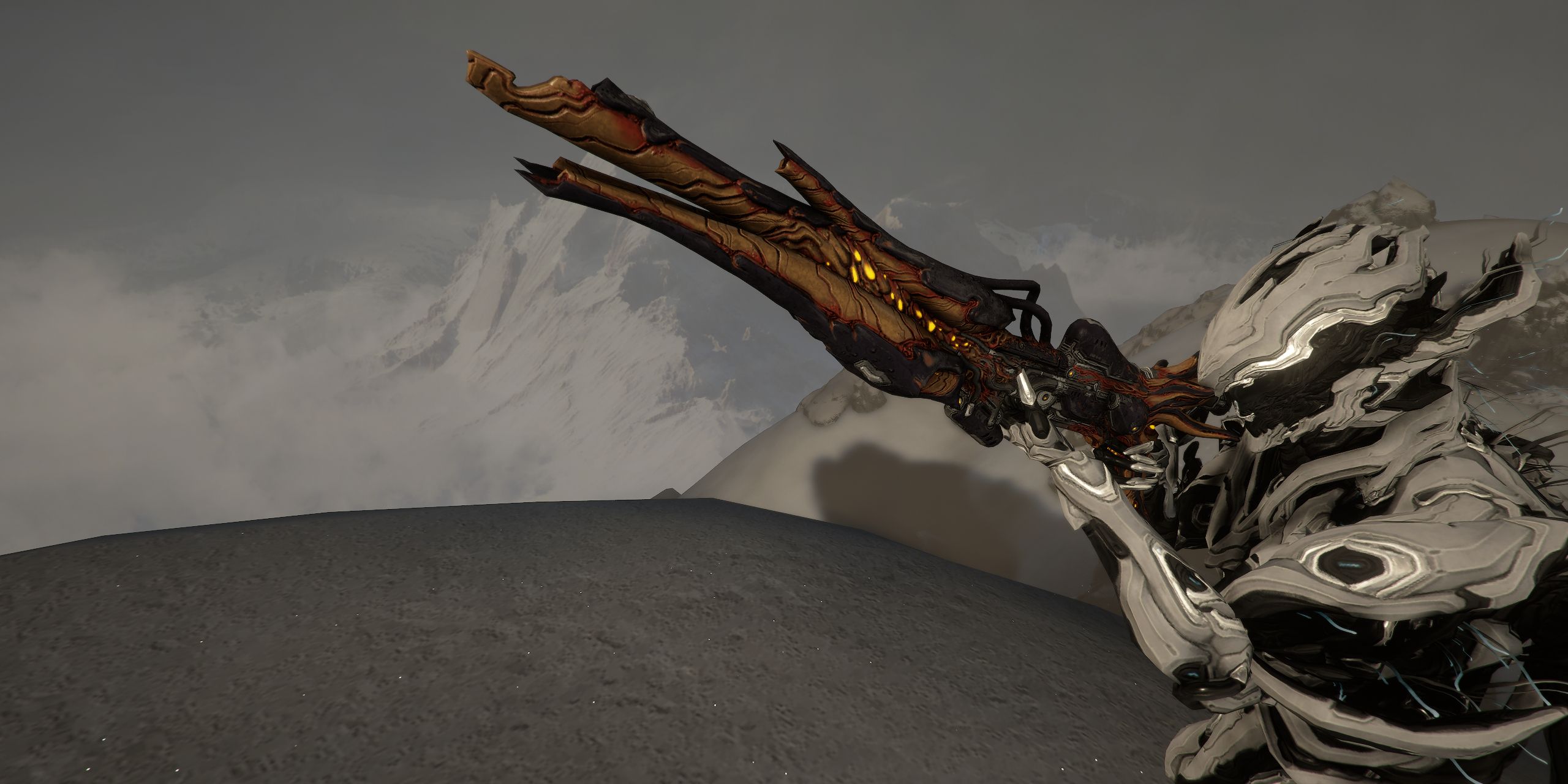 Nidus apuntando su Torid hacia adelante en Warframe.