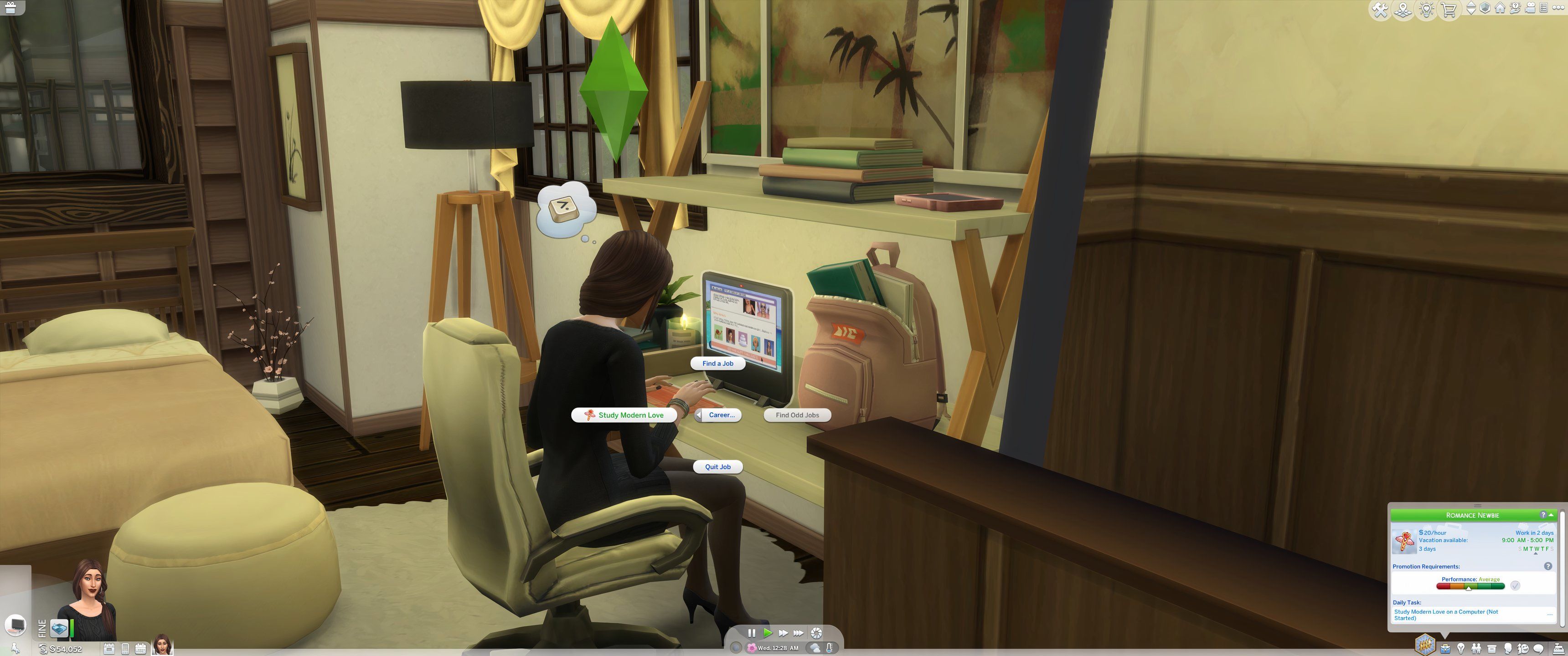 Los Sims 4: Enamorados: Un Sim investiga en una computadora portátil.