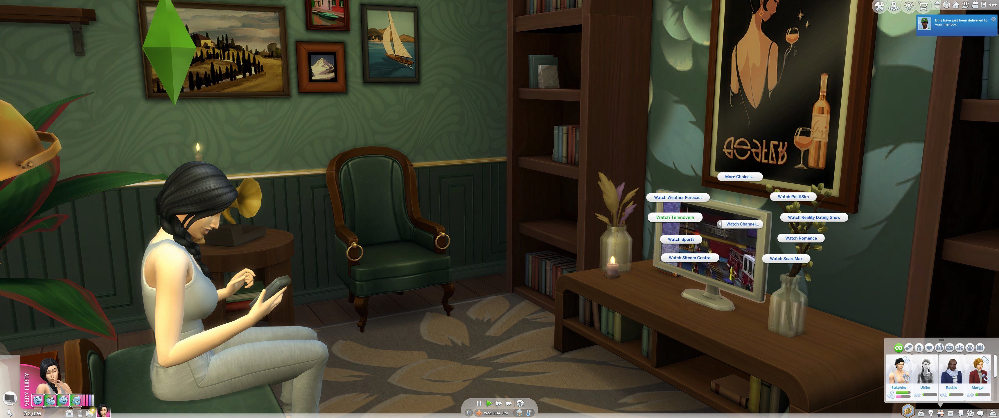 Los Sims 4: Enamorados - Un Sim mira el canal de Telenovelas.