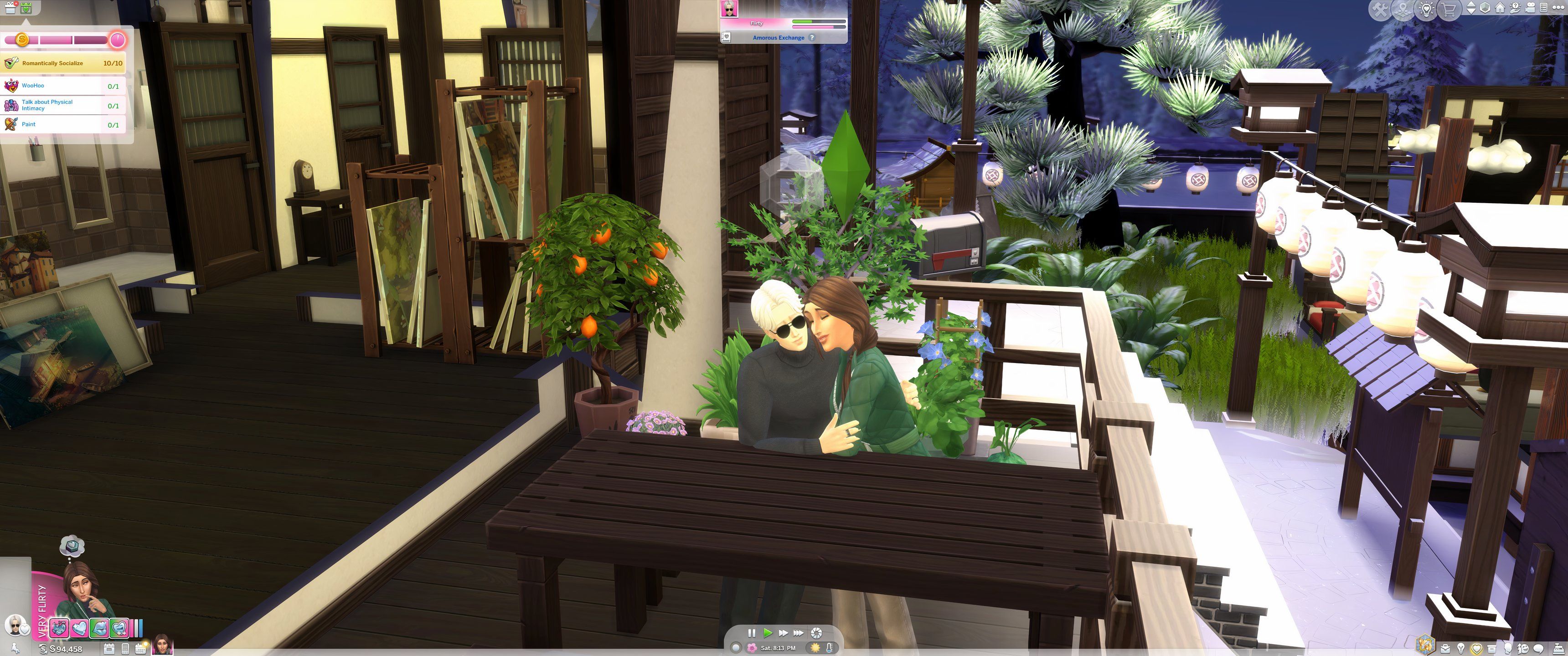 Los Sims 4: Enamorados: Dos Sims se abrazan en invierno.