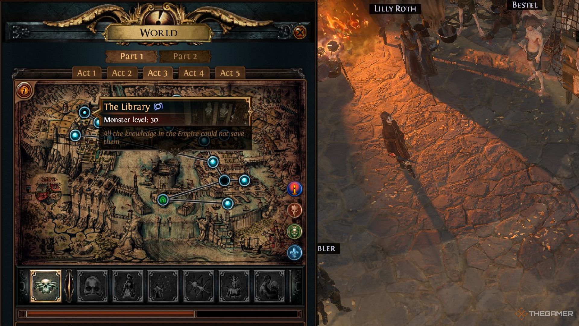 El mapa de Path of Exile se abrió en el Acto 3, con la Biblioteca resaltada.