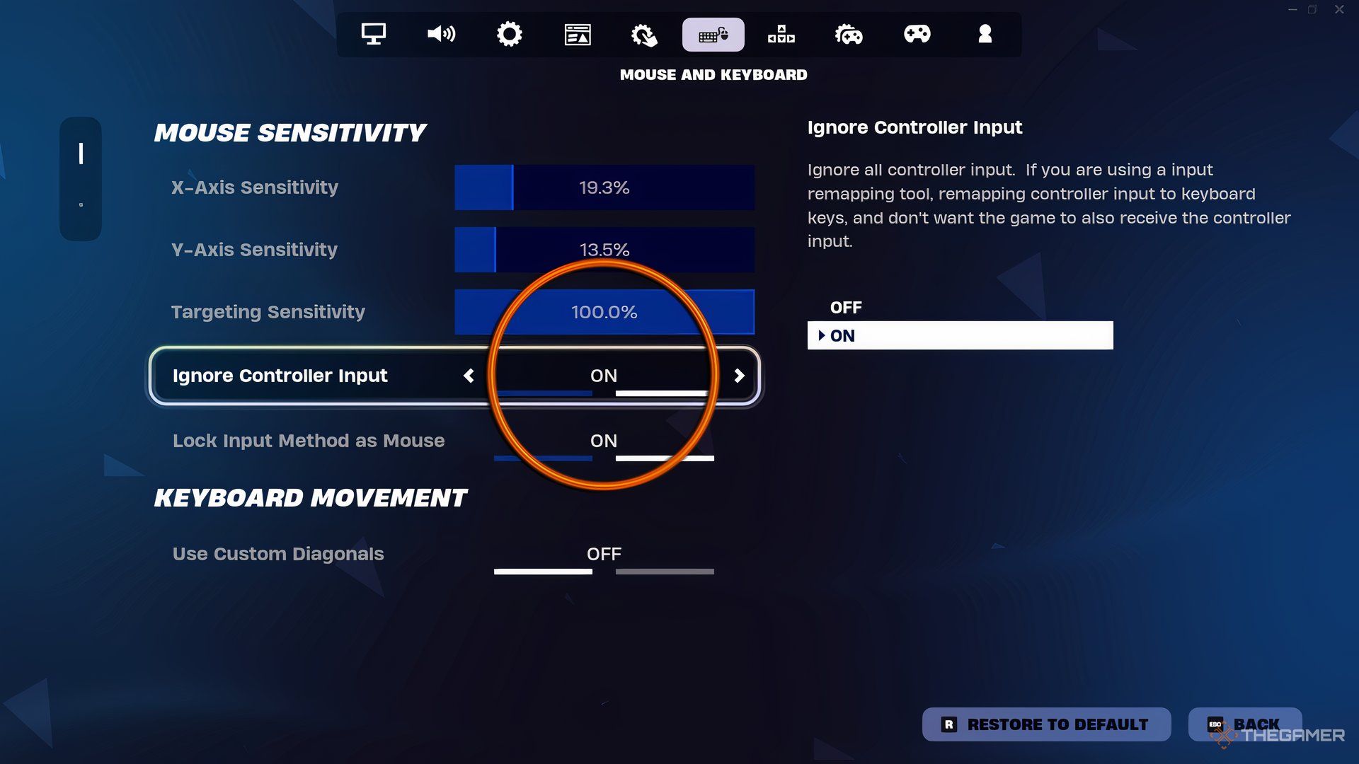 Configuración de entrada del controlador en Fortnite.