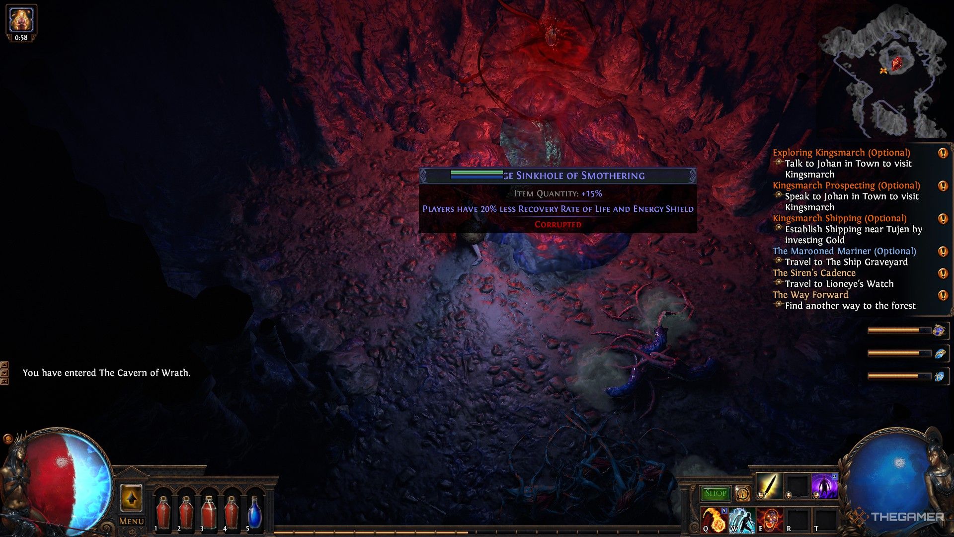 Un jugador en Path of Exile parado al borde de un agujero de piel corrupto. 