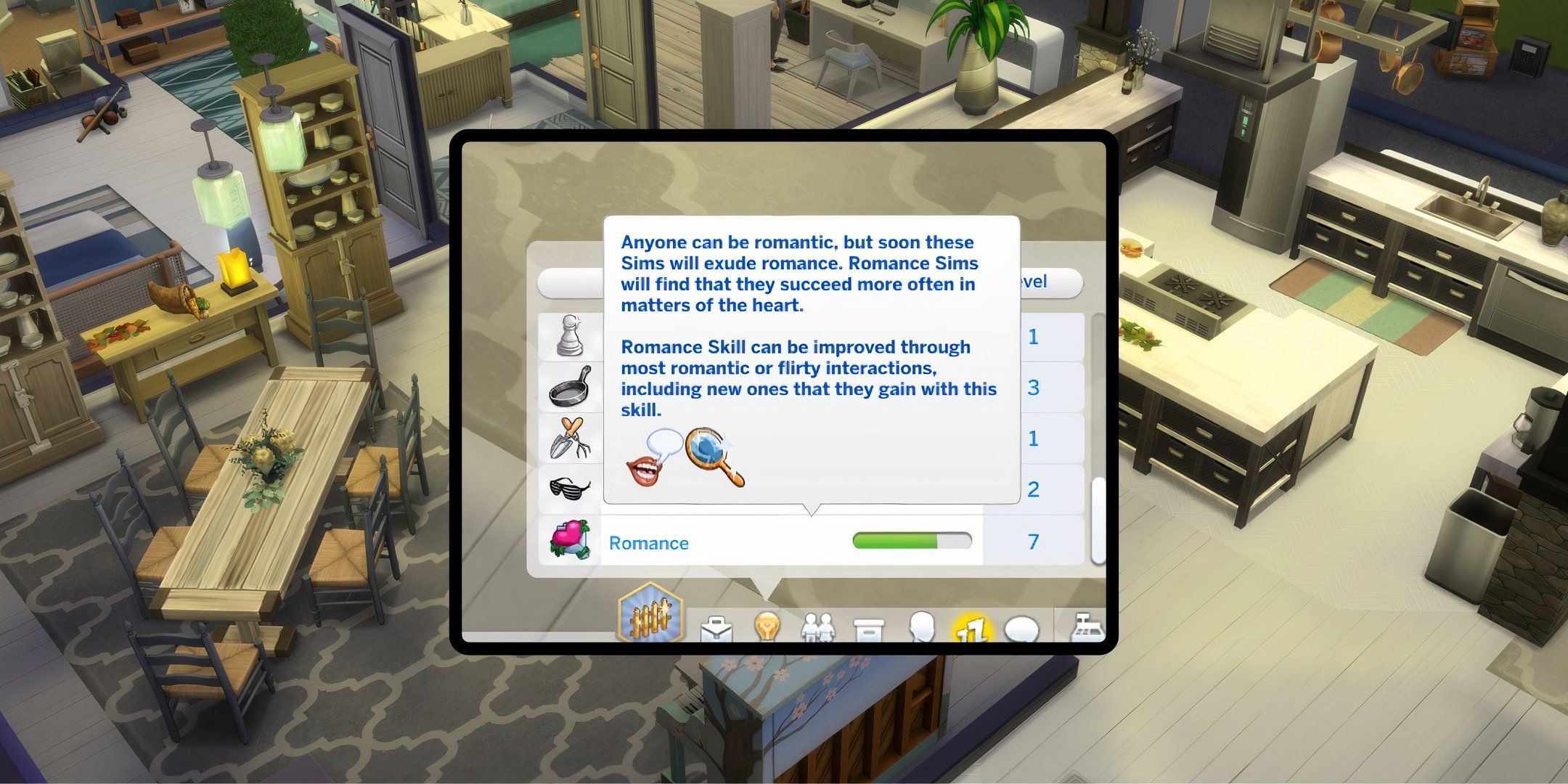 Los Sims 4: Enamorados: una imagen en primer plano de la descripción de la habilidad Romance en el menú de habilidades.