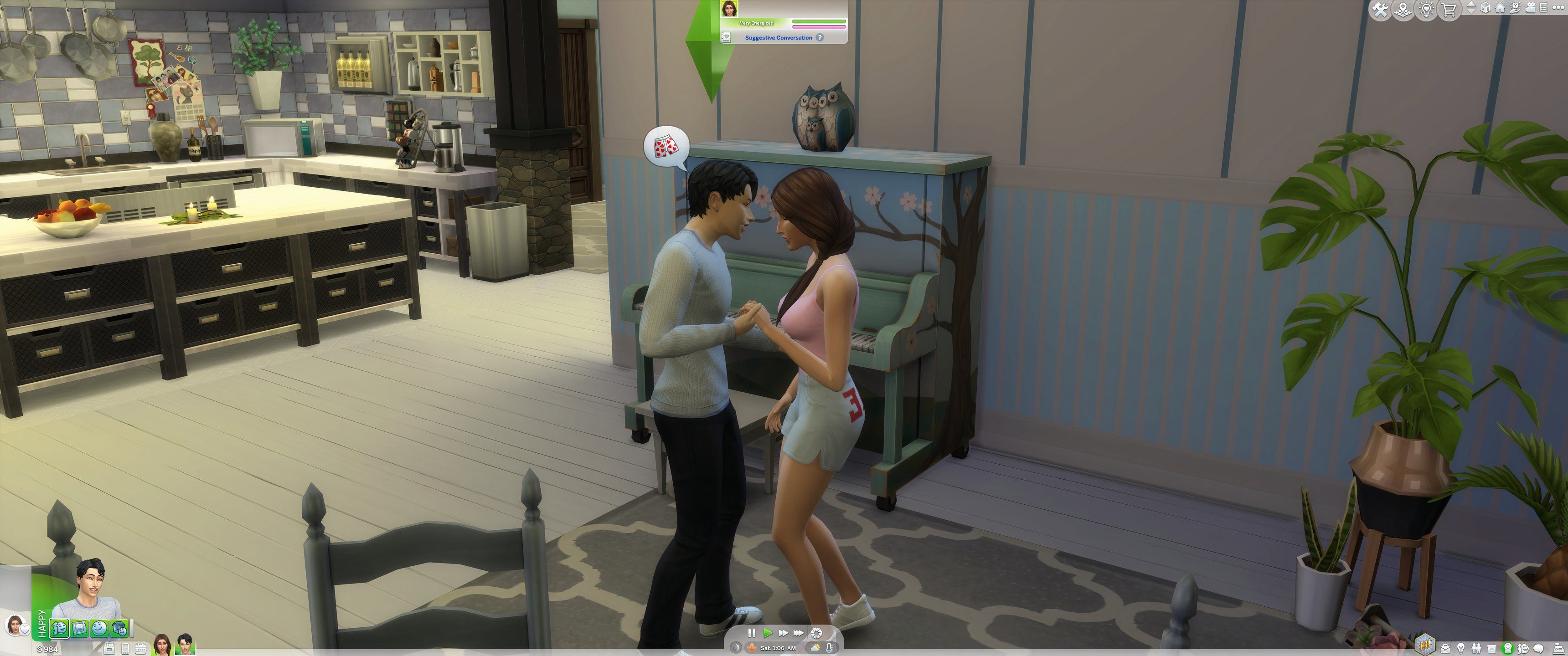 Los Sims 4: Enamorados: Dos Sims mantienen una conversación sugerente.
