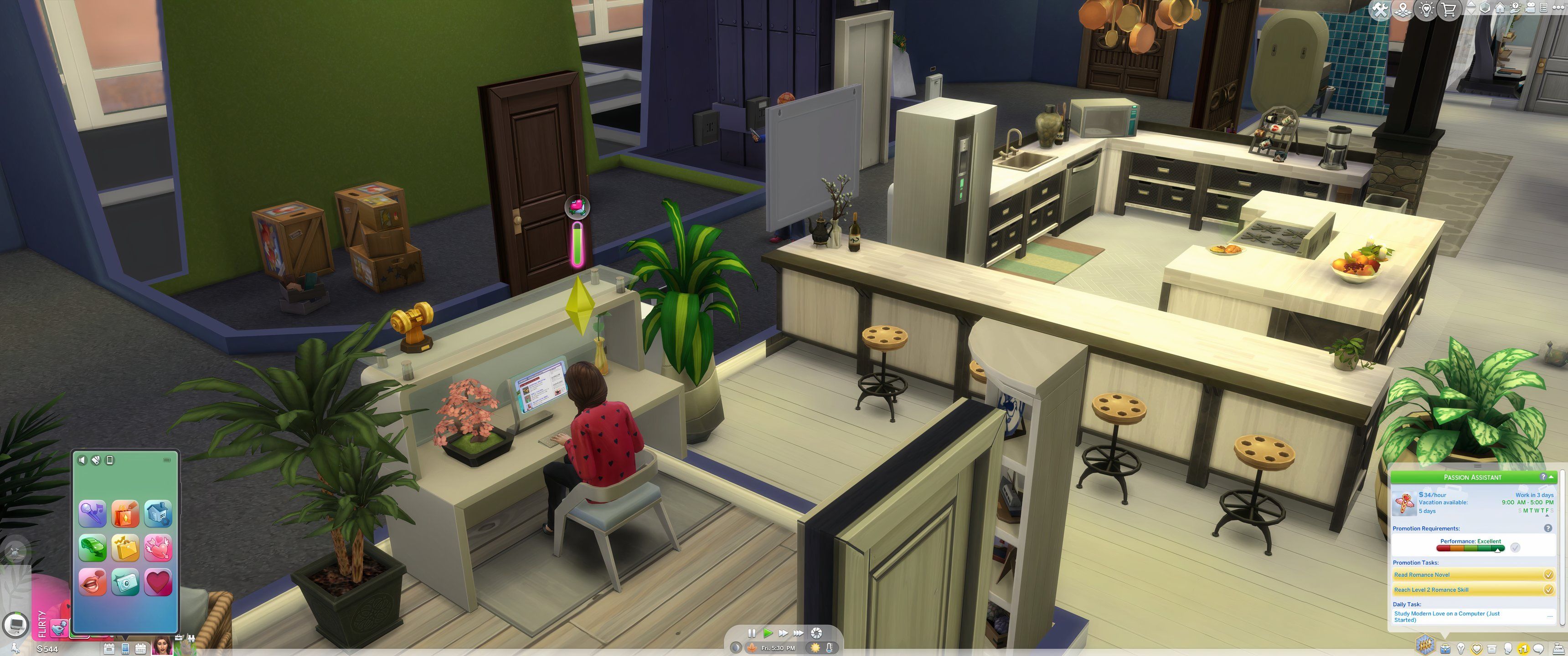 Los Sims 4: Enamorados: una Sim consultora romántica realiza una investigación romántica en su computadora portátil.