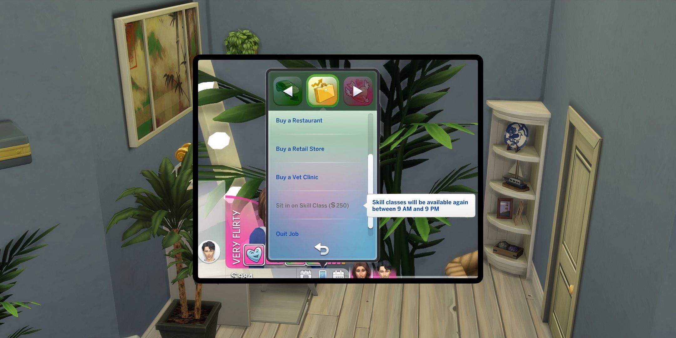 Los Sims 4: Enamorados: una imagen de primer plano de la opción de clase de habilidades en la pestaña de carrera del teléfono de un Sim.
