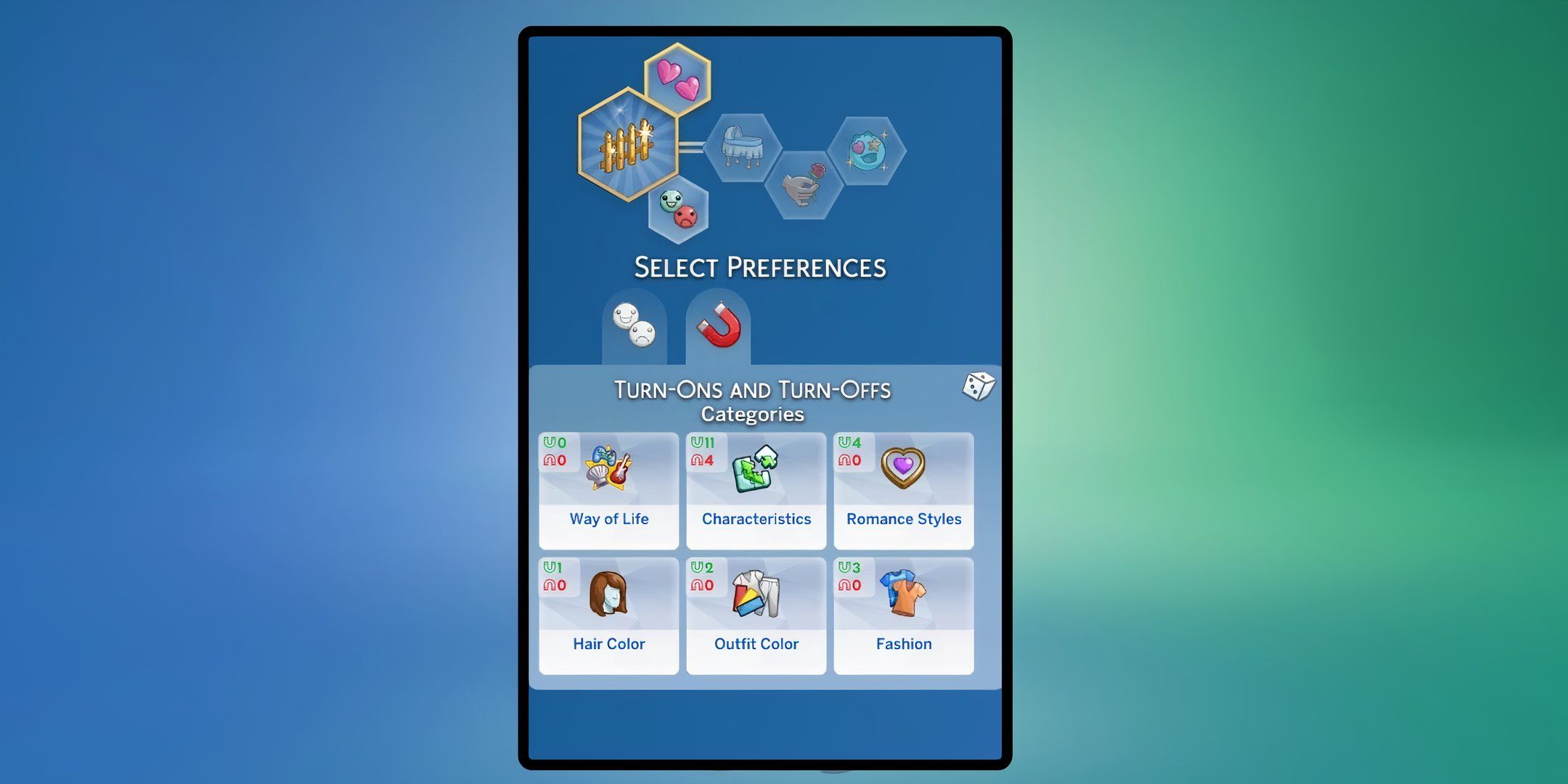 Los Sims 4: Enamorados: una imagen de primer plano del selector de cosas que te gustan y no te gustan.