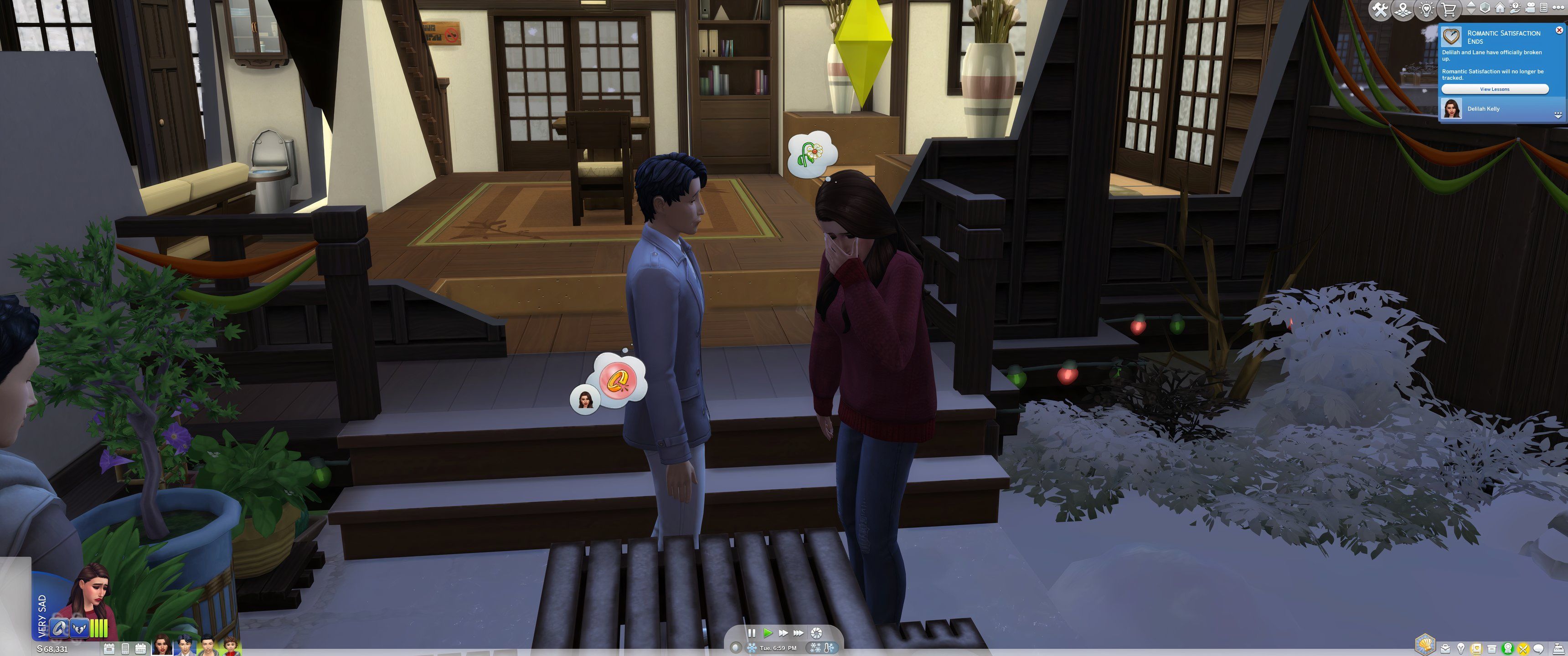 Los Sims 4: Enamorados: una Sim llora con su ahora ex marido después de pedirle el divorcio.