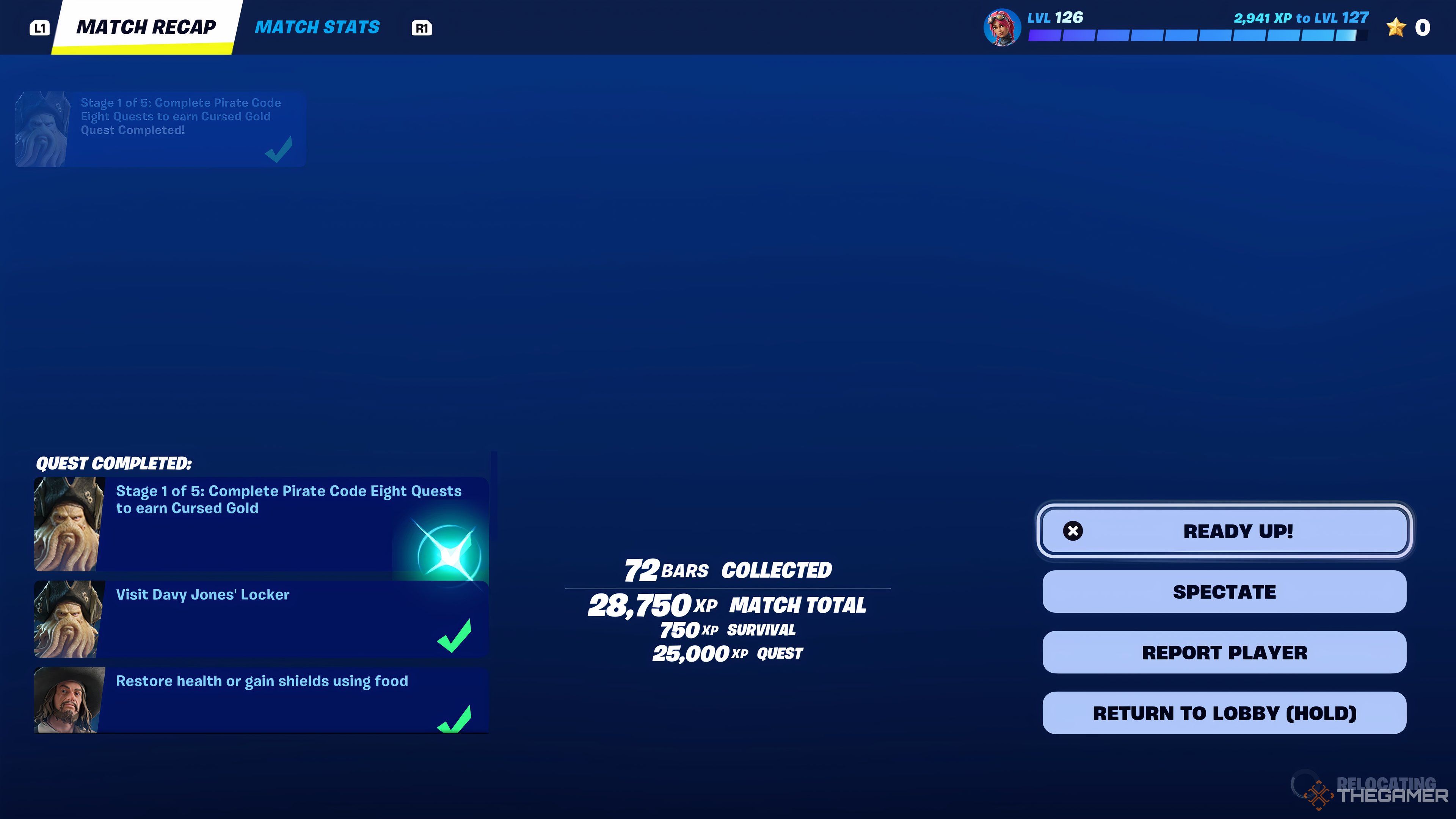 Pantalla de eliminación que muestra la misión Visita el casillero de Davy Jones completada en Fortnite Capítulo 5 Temporada 3.
