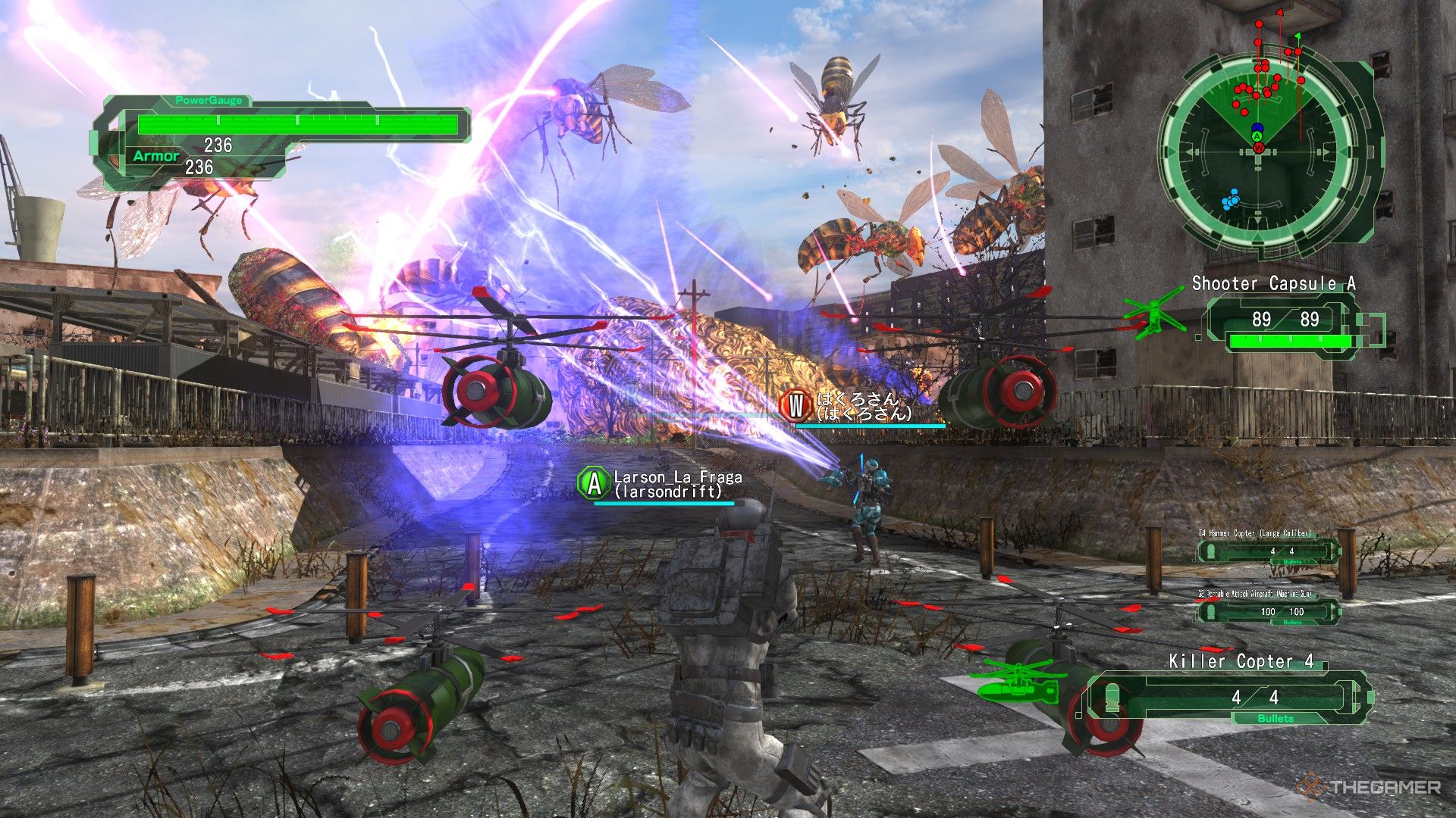 Earth Defense Force 6: Un escuadrón EDF emboscado por avispones gigantes.