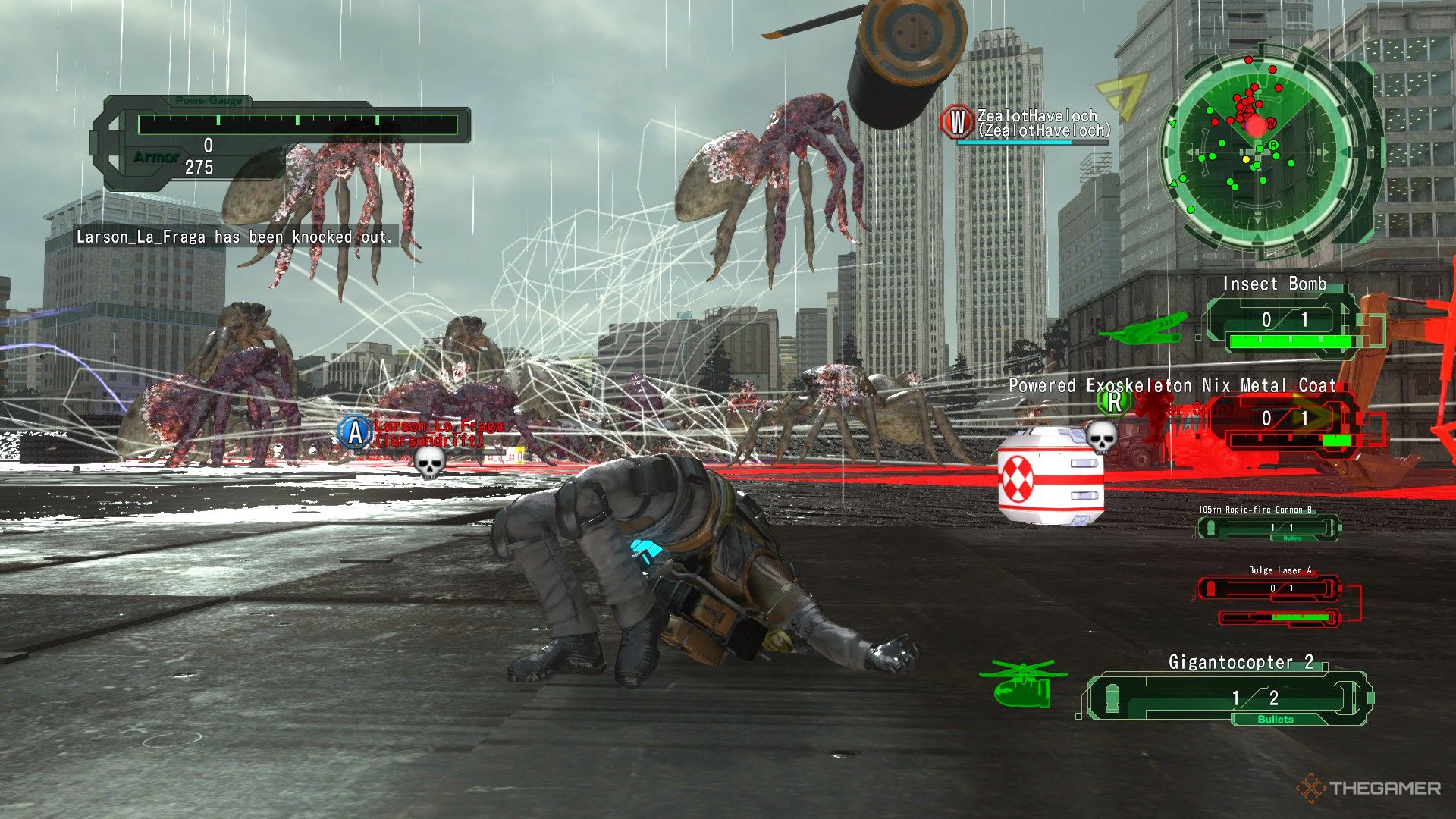 Earth Defense Force 6: Arañas saltarinas aplastan un escuadrón EDF.