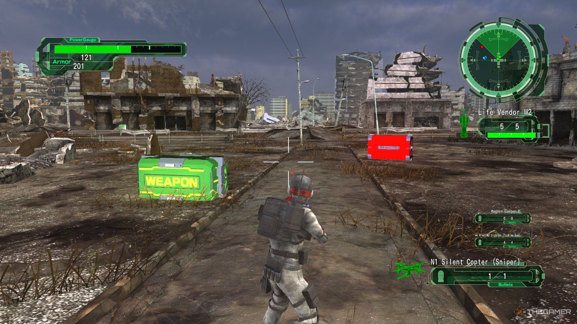 Earth Defense Force 6: Una caja de armas y una caja de armadura a la vista.