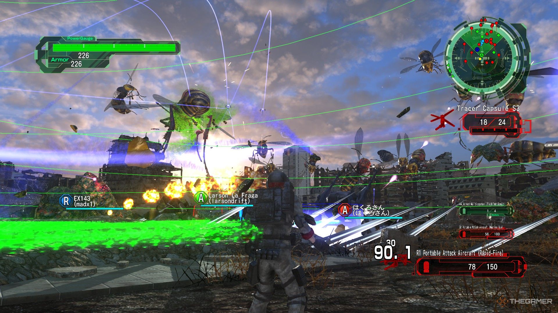 Earth Defense Force 6: Escondiéndose de insectos voladores gigantes dentro de un escudo curativo.