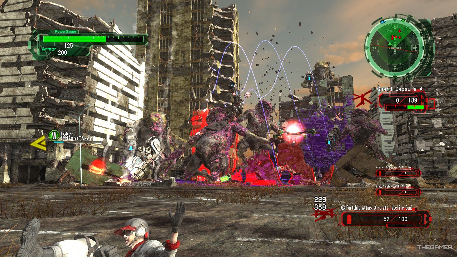 Earth Defense Force 6: Un soldado de la EDF derribado por armamento alienígena.