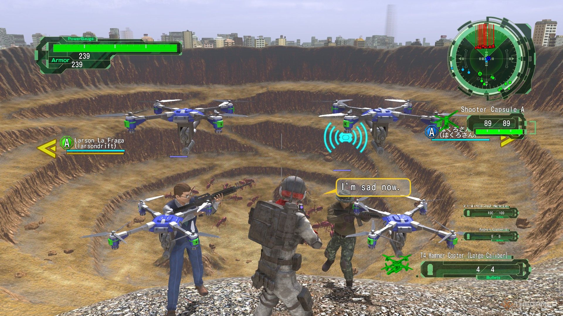 Earth Defense Force 6: EDF observa un cráter de explosión masiva.