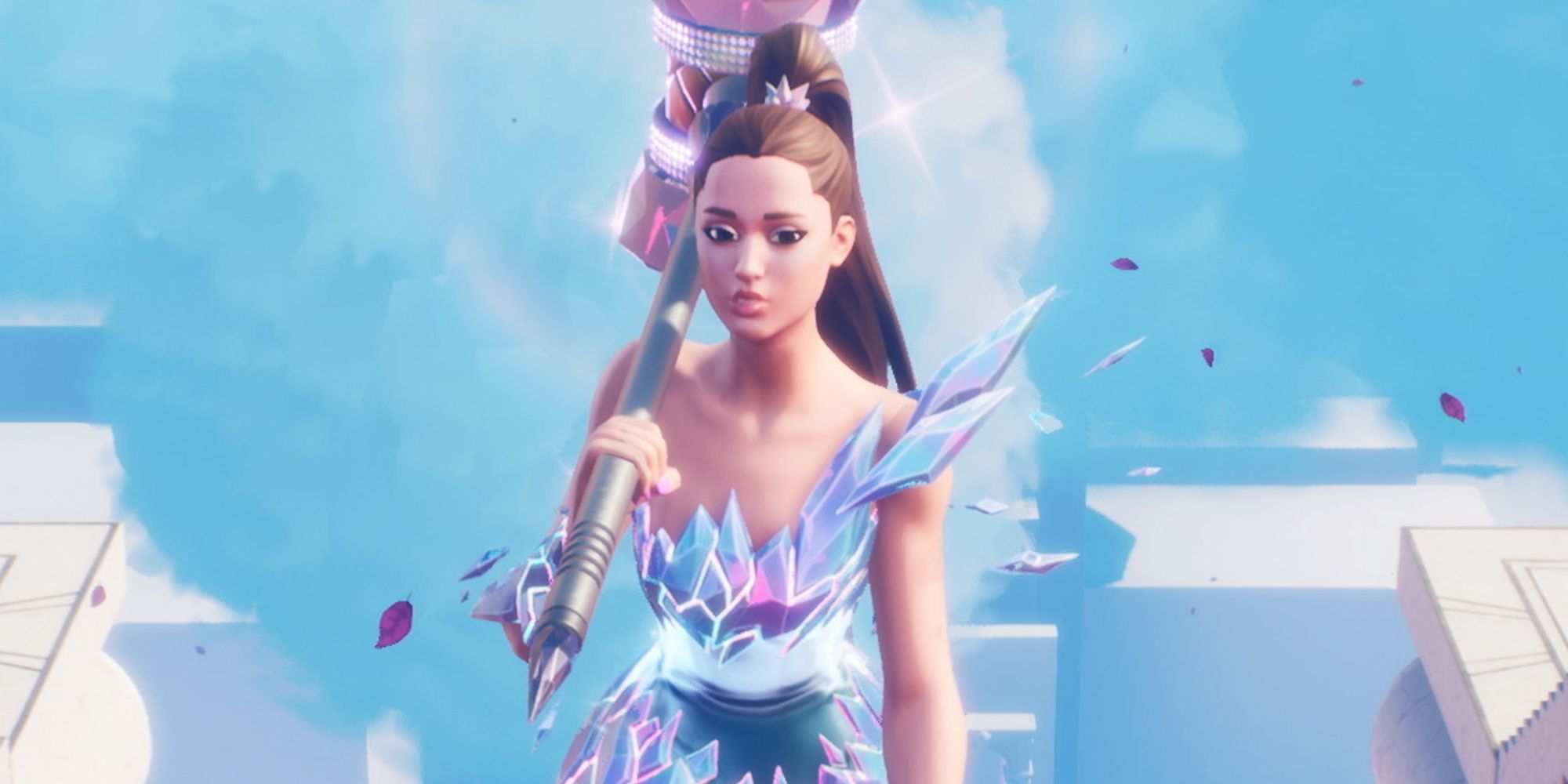 Una imagen de Fortnite de la colaboración de Ariana Grande que la presenta con un vestido brillante hecho de cristales.