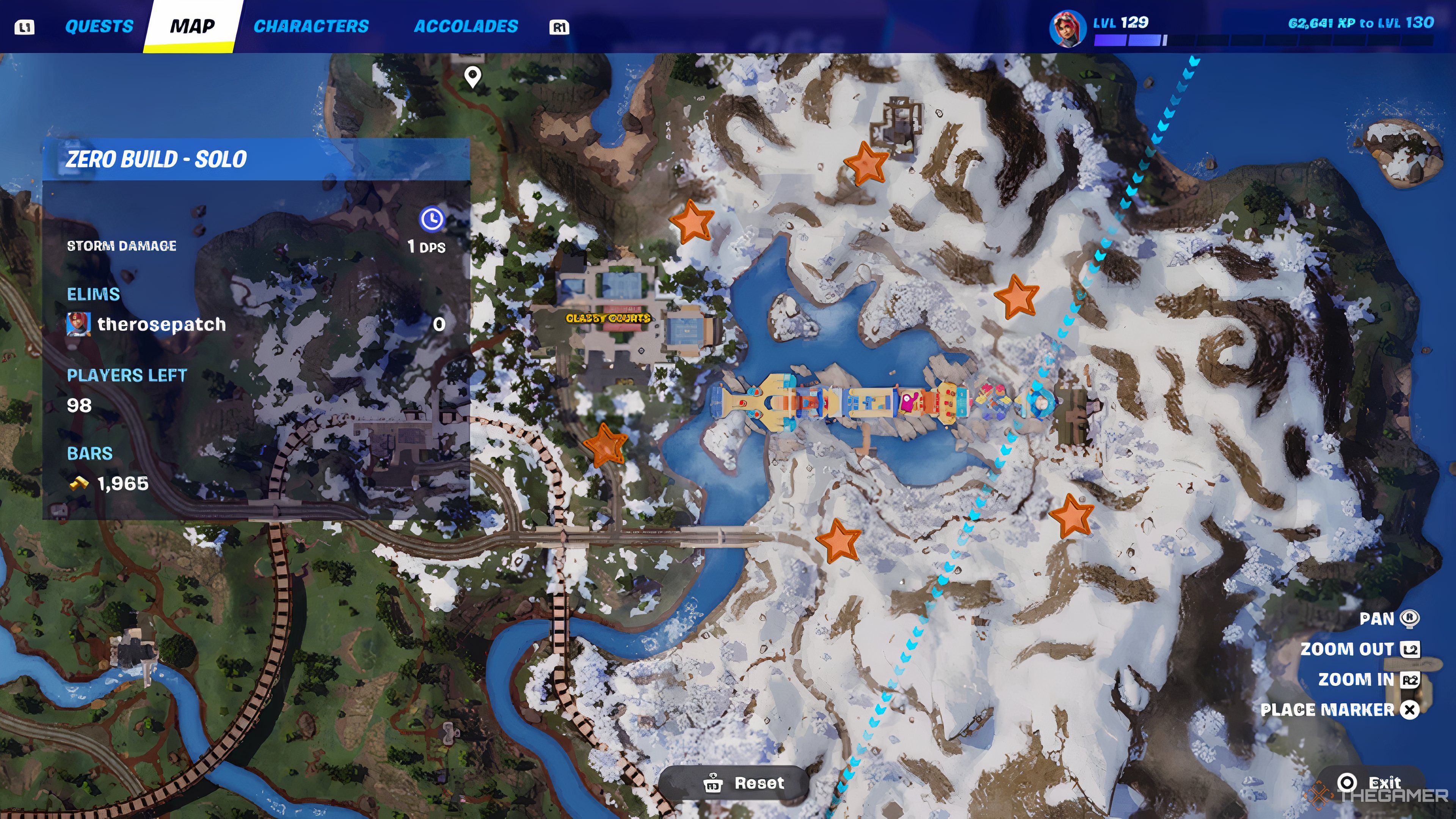 Mapa con la pista de obstáculos de Fall Guys cerca de las canchas elegantes y las ubicaciones de los ídolos de frijoles en Fortnite.