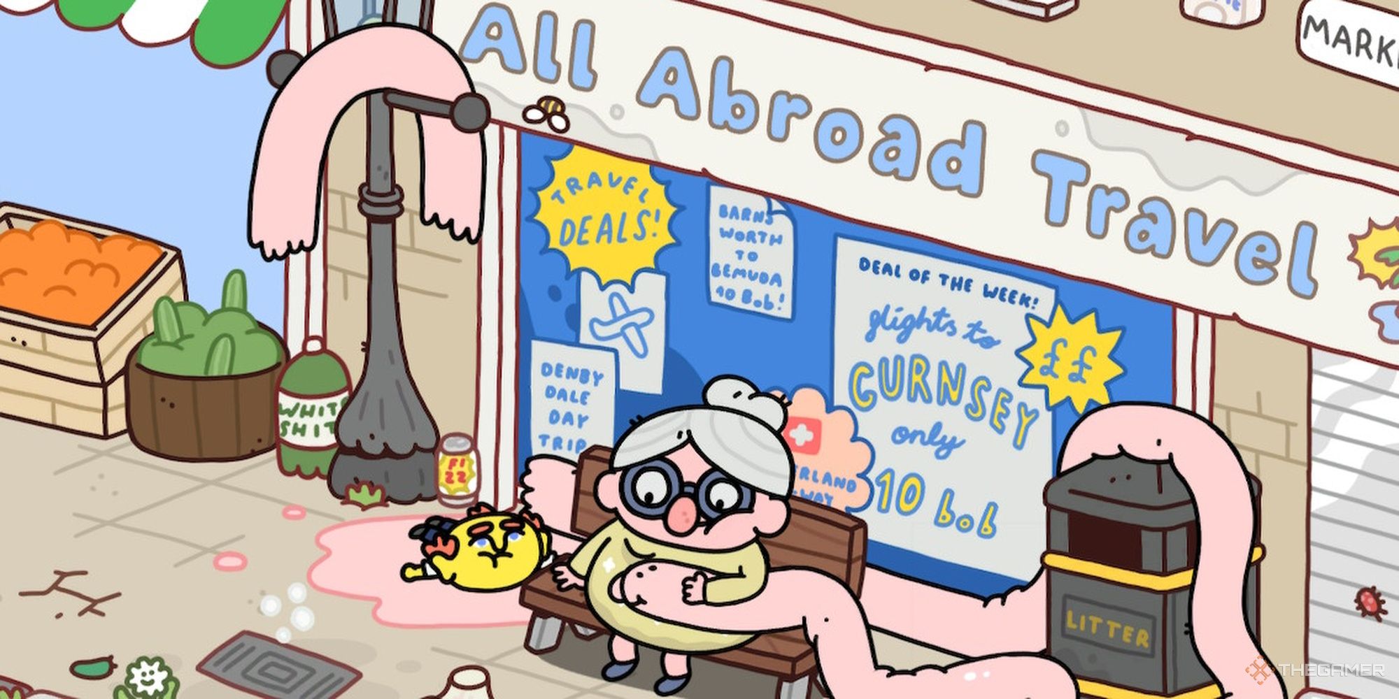 Lemonhead observa a una anciana acariciando una salchicha gigante en Thank Goodness You're Here