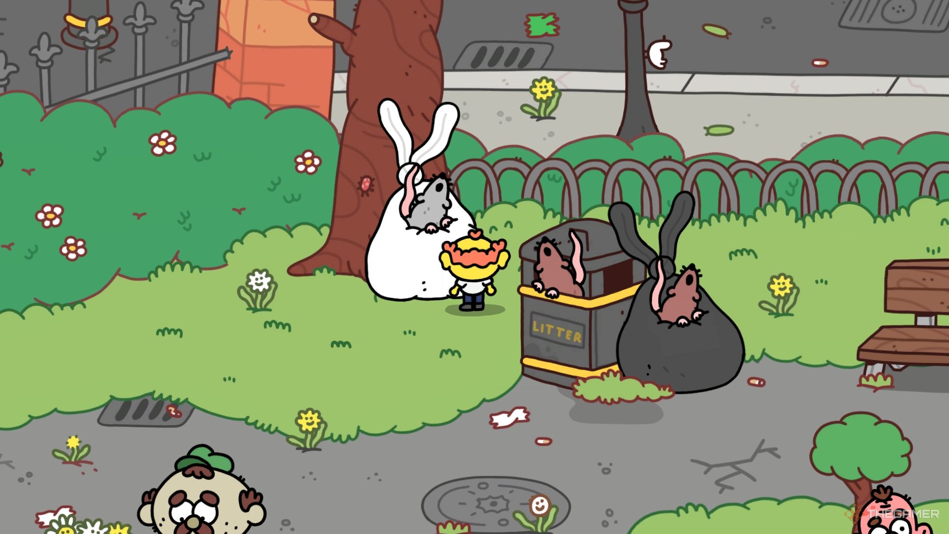 El personaje del jugador junto a tres ratas que salen de la basura en Thank Goodness You're Here.