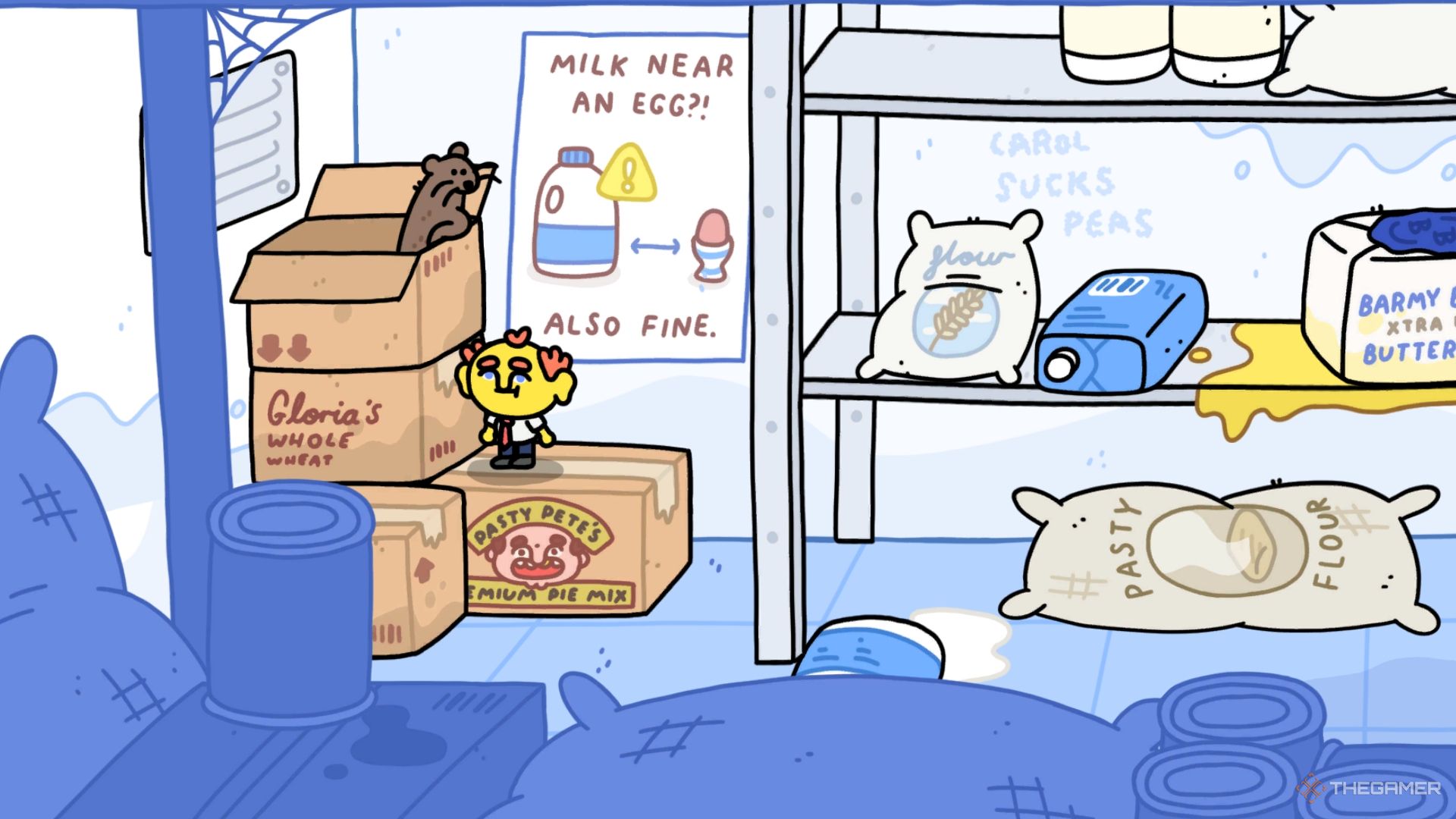 El campañol y el personaje del jugador dentro de Mother Megg's Buttery Goods en Thank Goodness You're Here.