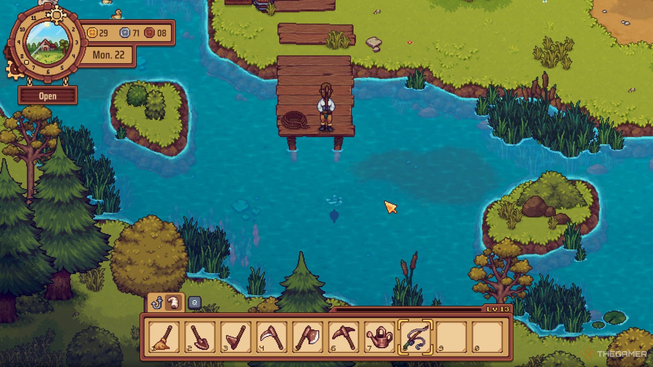 Personaje jugador pescando en un río y esperando mientras su boya se hunde en el agua en Travellers Rest.