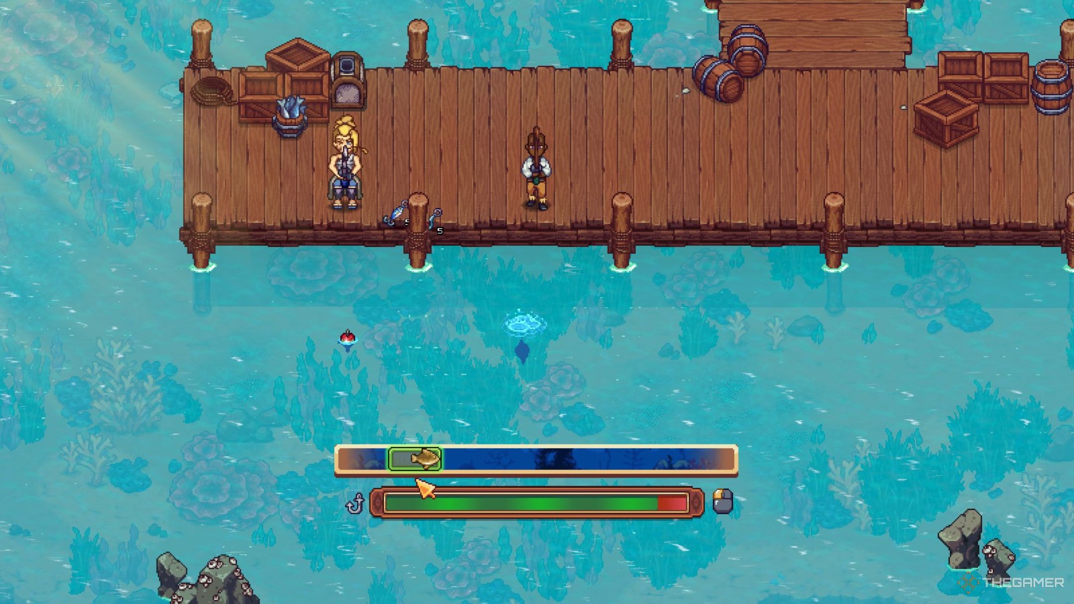 Personaje del jugador que intenta pescar un pez y mueve un rectángulo hacia un pez en una barra en Travellers Rest.