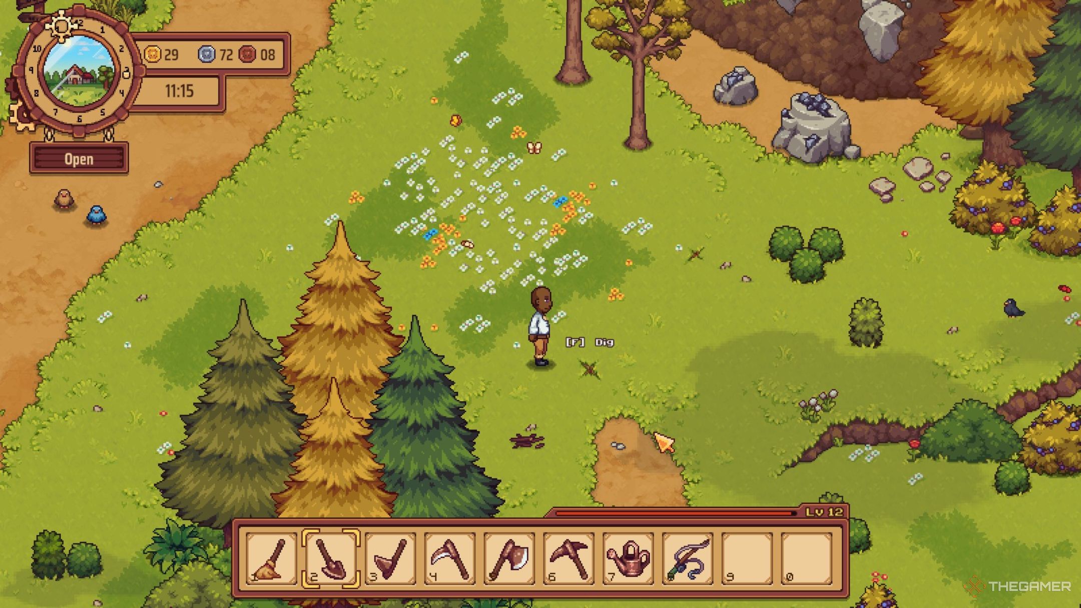 Personaje del jugador de pie junto a un lugar en el suelo donde puede cavar en Travellers Rest.