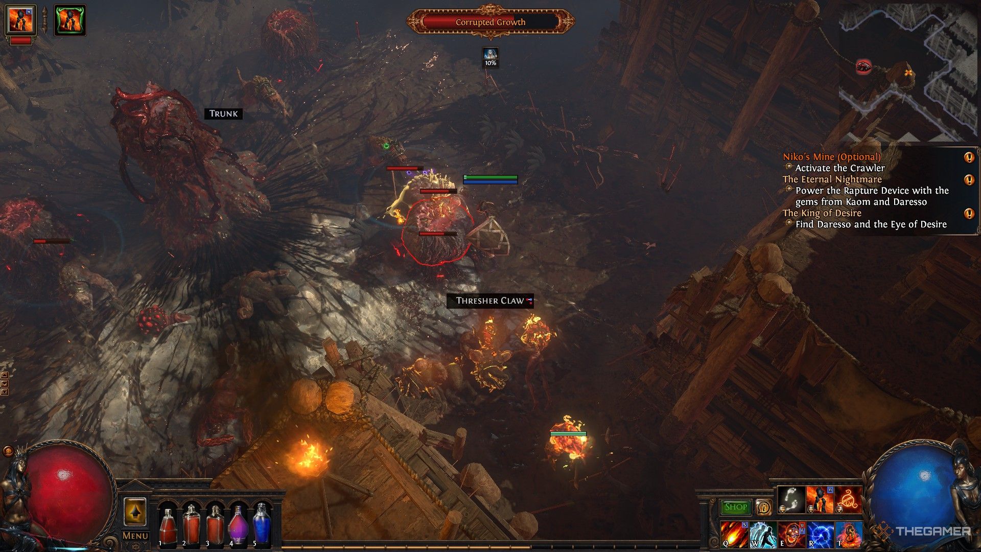 Un jugador en Path of Exile luchando contra un Crecimiento Corrupto. 