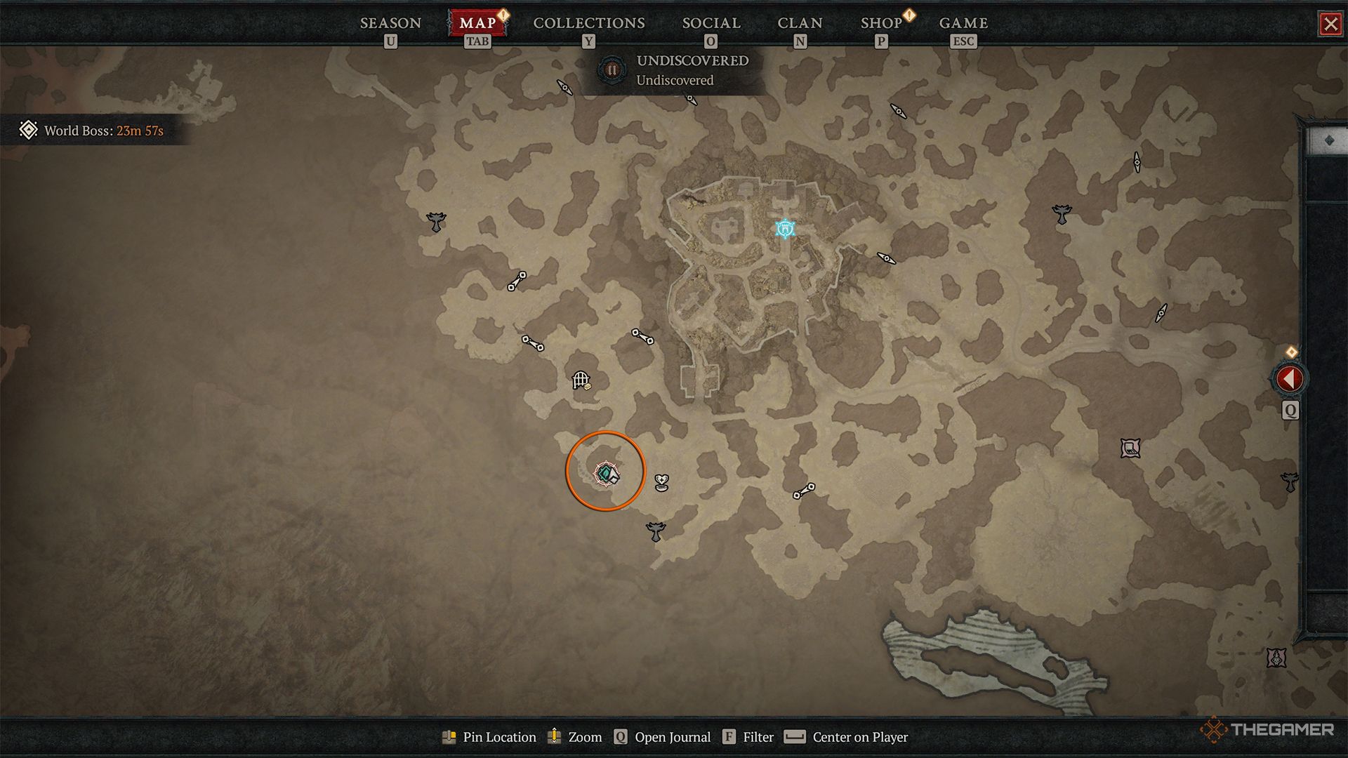 La ubicación de la casa de Locran en el mapa, marcada con un círculo naranja.