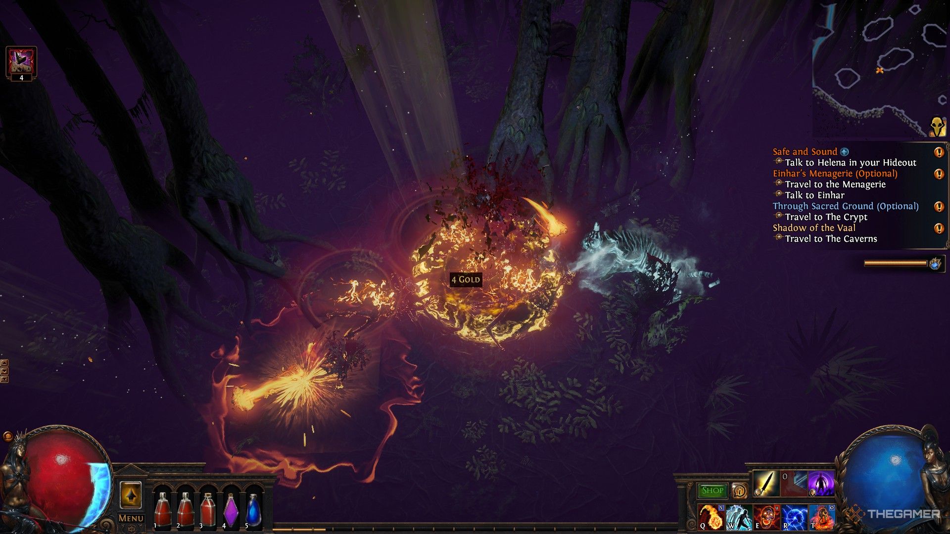 Un jugador en un mapa de Path of Exile atacando con habilidades basadas en fuego. 