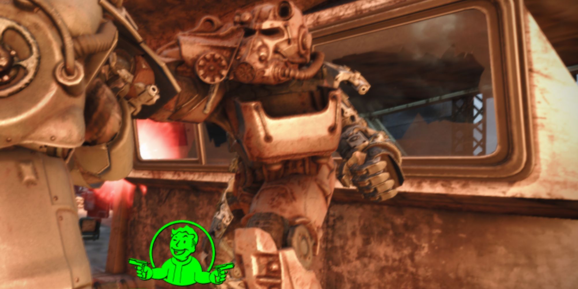 Una persona con armadura de poder realiza un golpe crítico en Fallout 4.