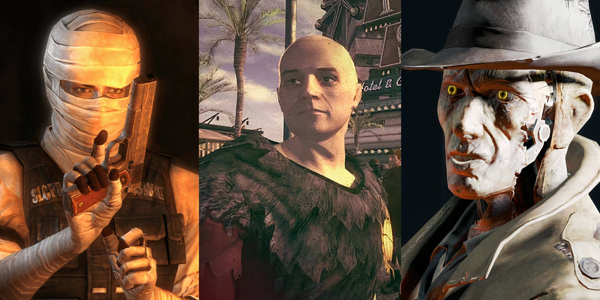 Un collage de personajes de Fallout, incluidos Joshua Graham, Caesar y Nick Valentine.