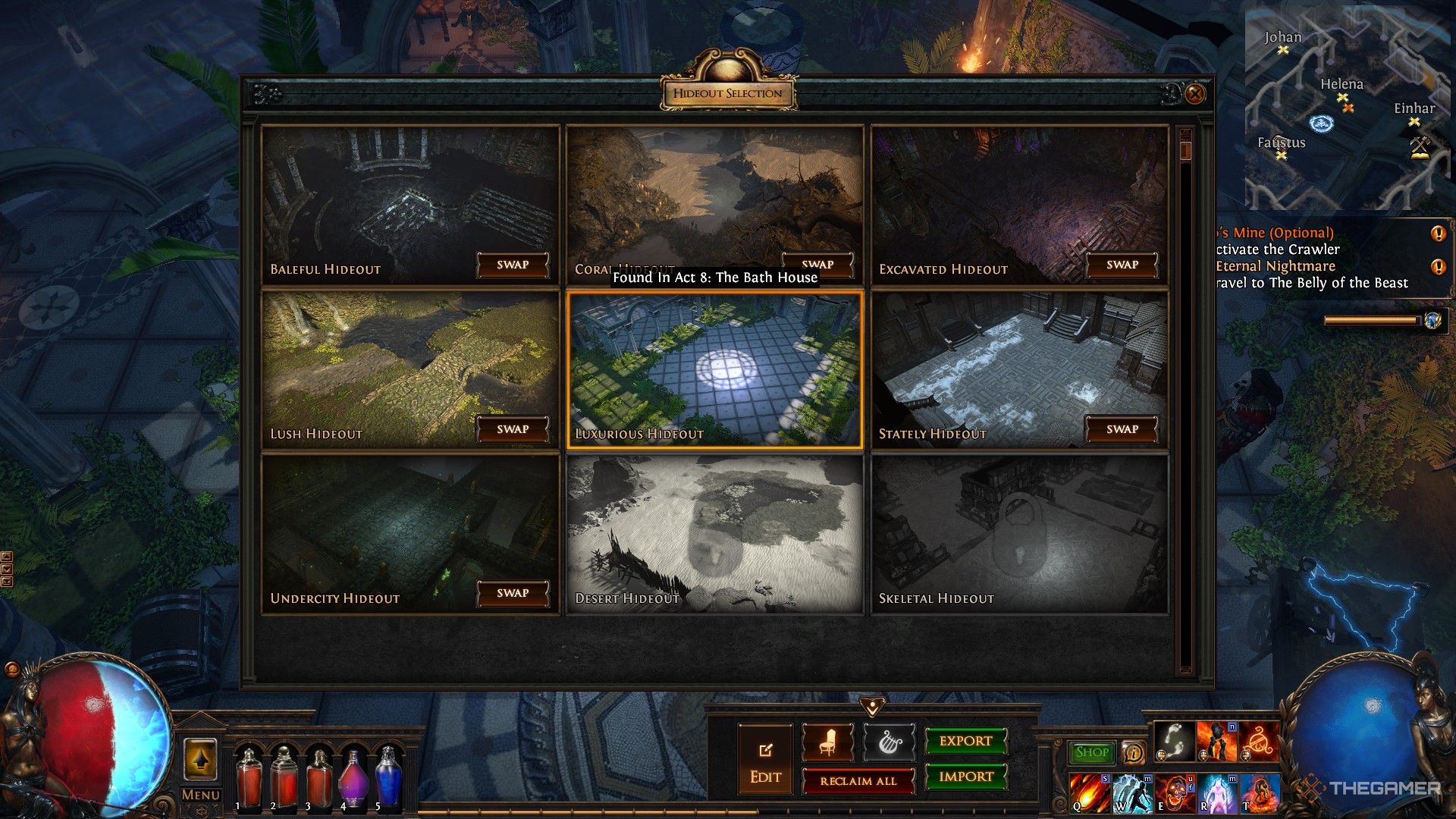 Jugador en Path of Exile mirando una lista de opciones de escondite. 