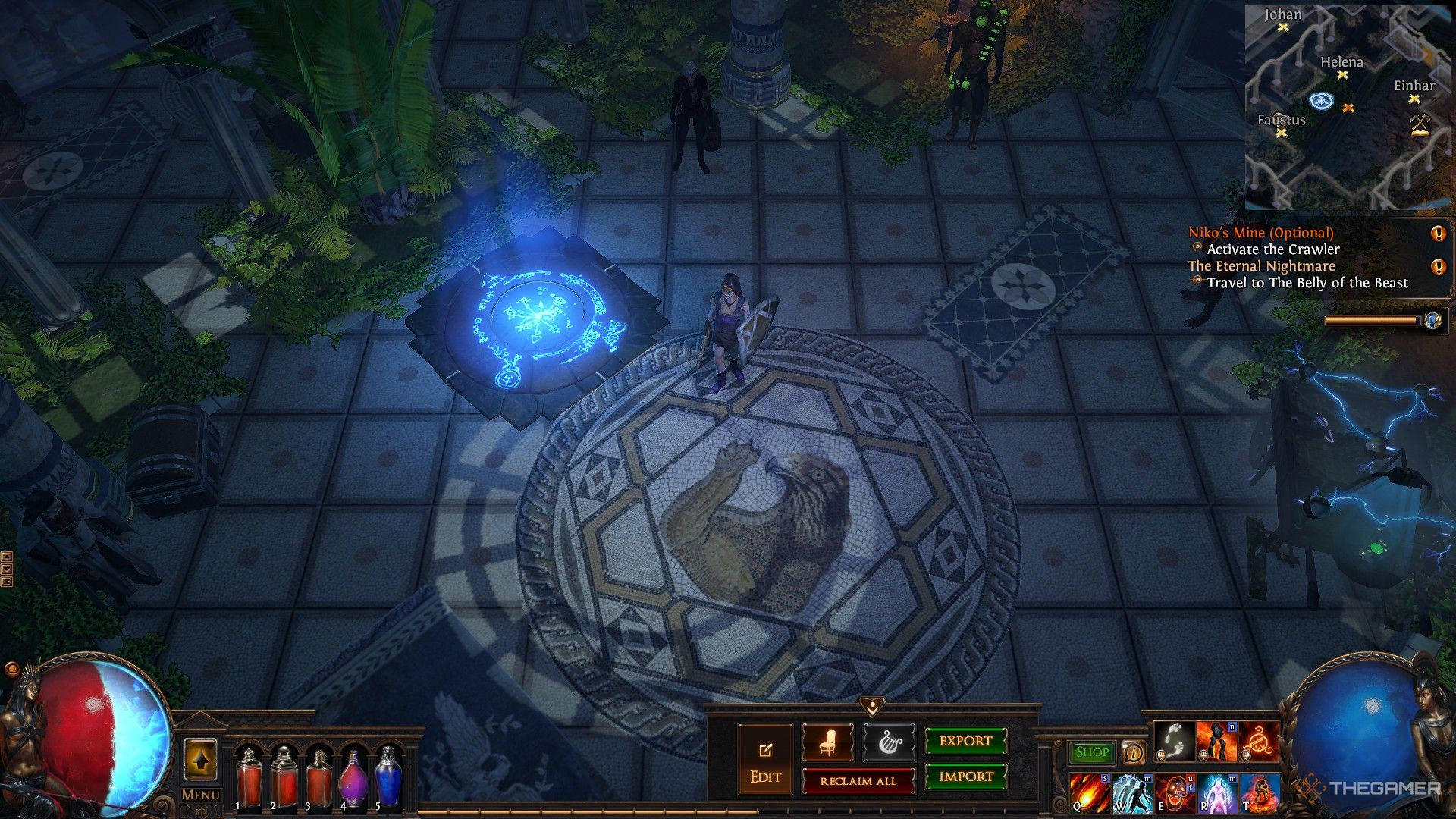 Jugador de pie en el lujoso escondite en Path of Exile. 