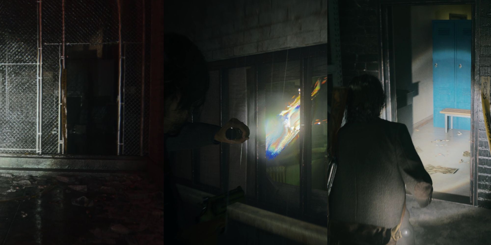 Imagen de collage de Alan Wake apuntando su linterna hacia adelante en Alan Wake 2.