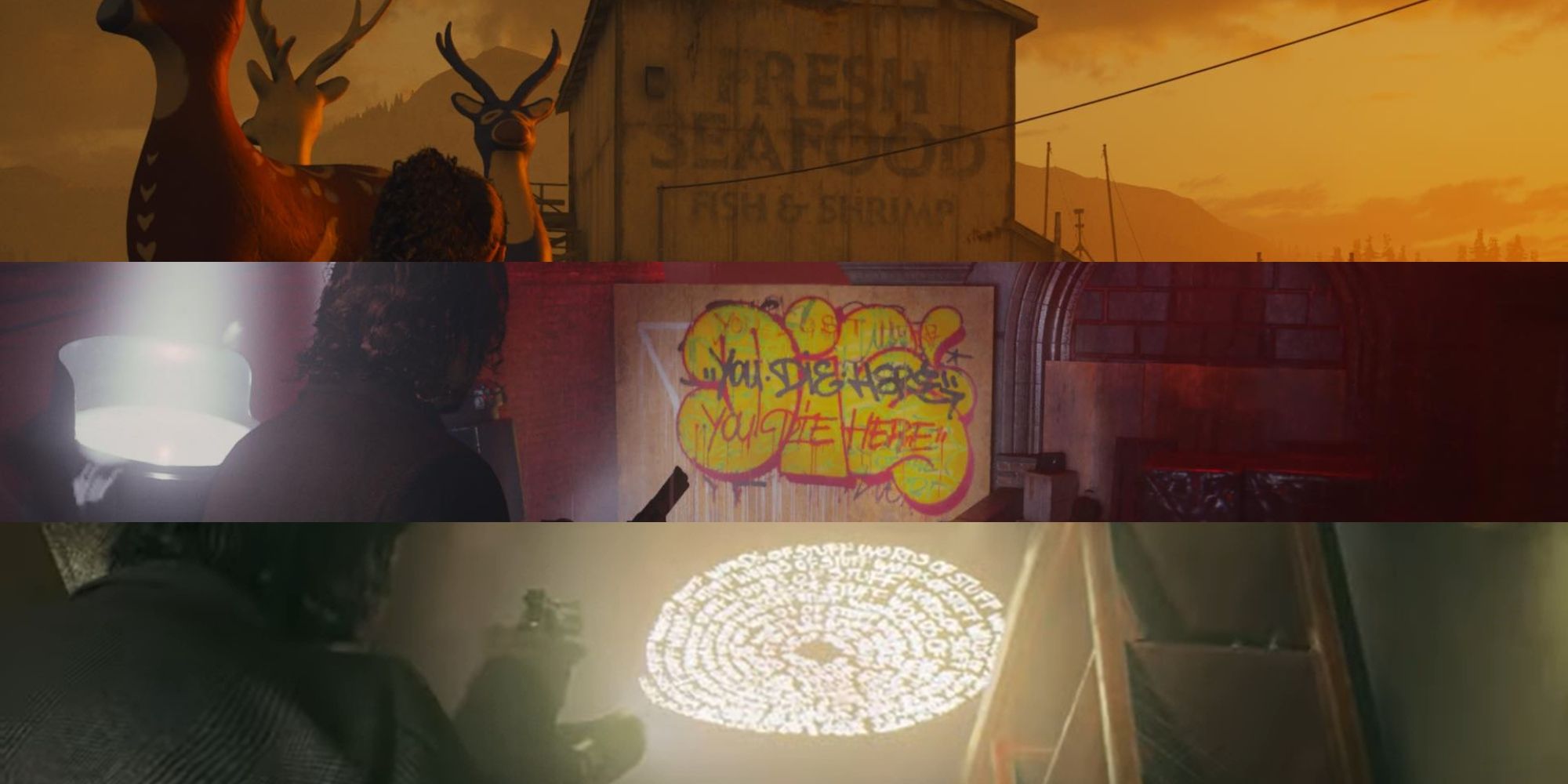 Tres imágenes divididas horizontalmente.  La imagen superior muestra un edificio de mariscos frescos en Brightfalls.  La imagen del medio muestra graffiti en la pared del techo del Cine del Poeta.  La imagen inferior muestra Words of Stuff en el techo del bar dentro del Oceanview Hotel.