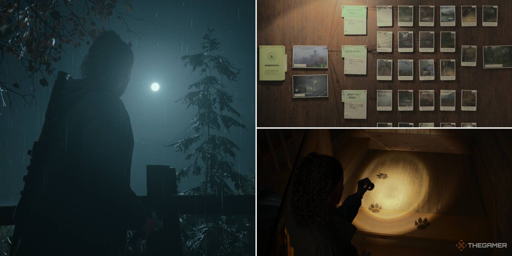 Saga Anderson observa la luna llena, el tablero de su caso y las misteriosas huellas de lobos en Alan Wake 2