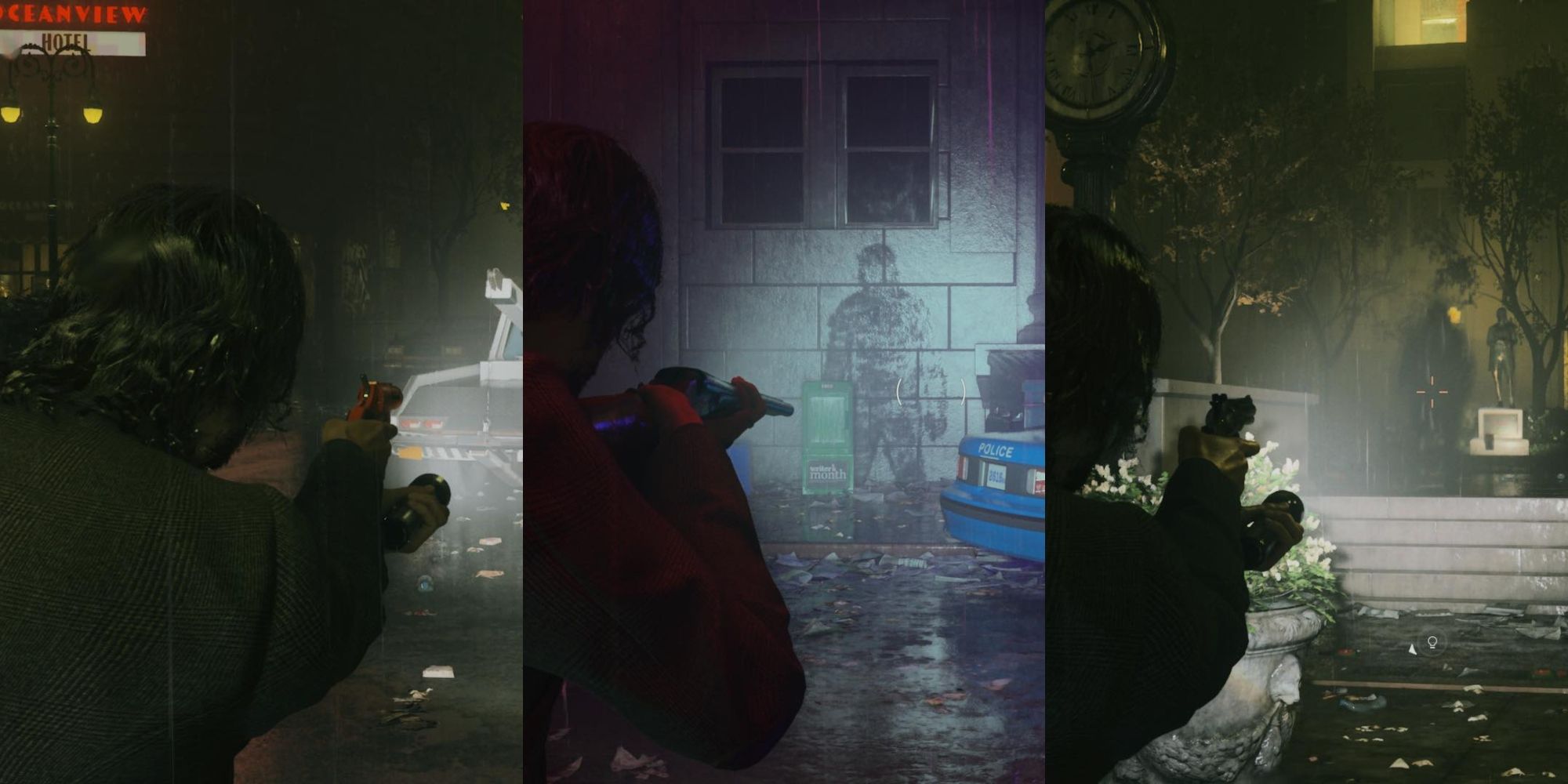 Un collage de Alan Wake sosteniendo tres armas diferentes, la pistola de bengalas, el revólver y la escopeta de dos cañones, en Alan Wake 2.