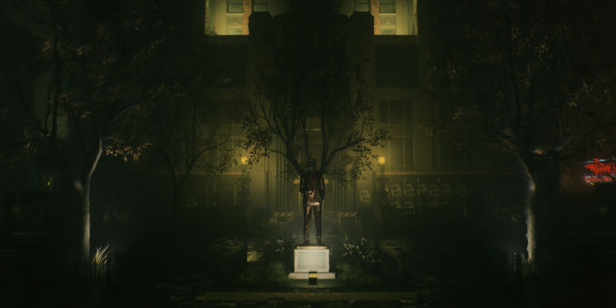 la estatua conmemorativa frente a la Torre del Parlamento en Alan Wake 2