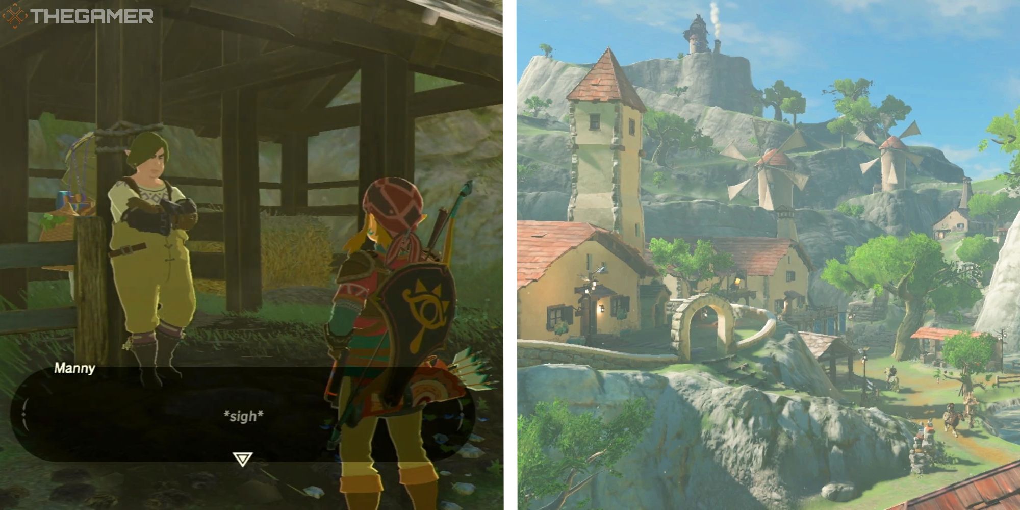 image of link speaking with manny, next to image of hateno village