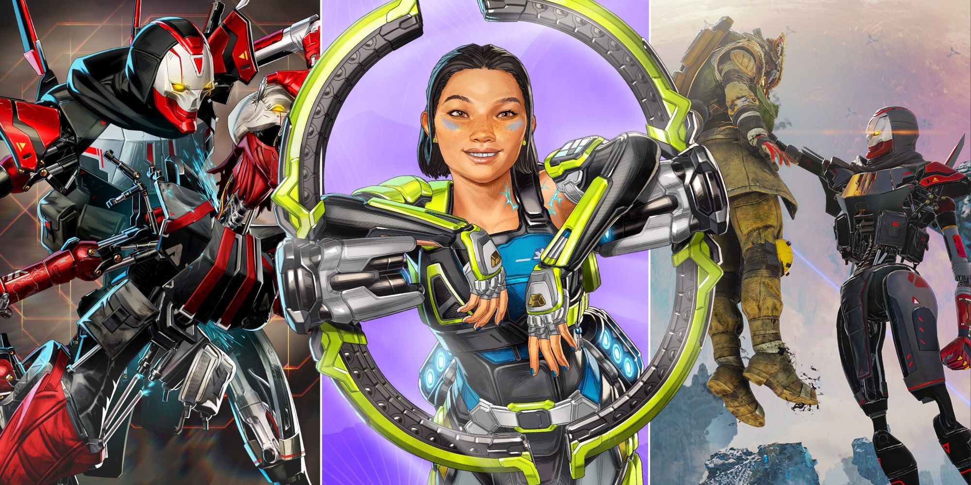 Imagen dividida de 3 personajes diferentes de Apex Legends posando. 