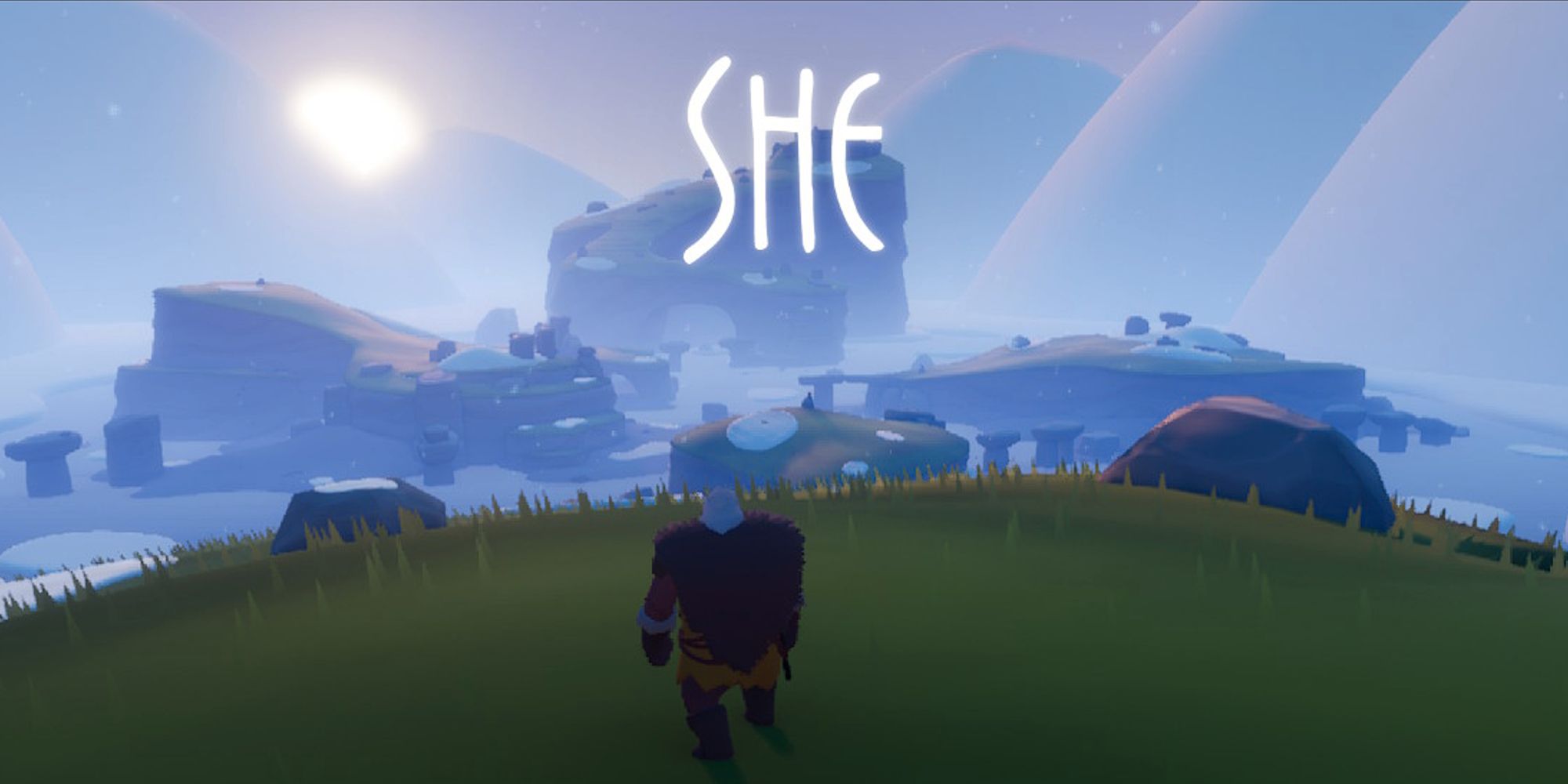 main character standing on grassy hill for first level titled she
