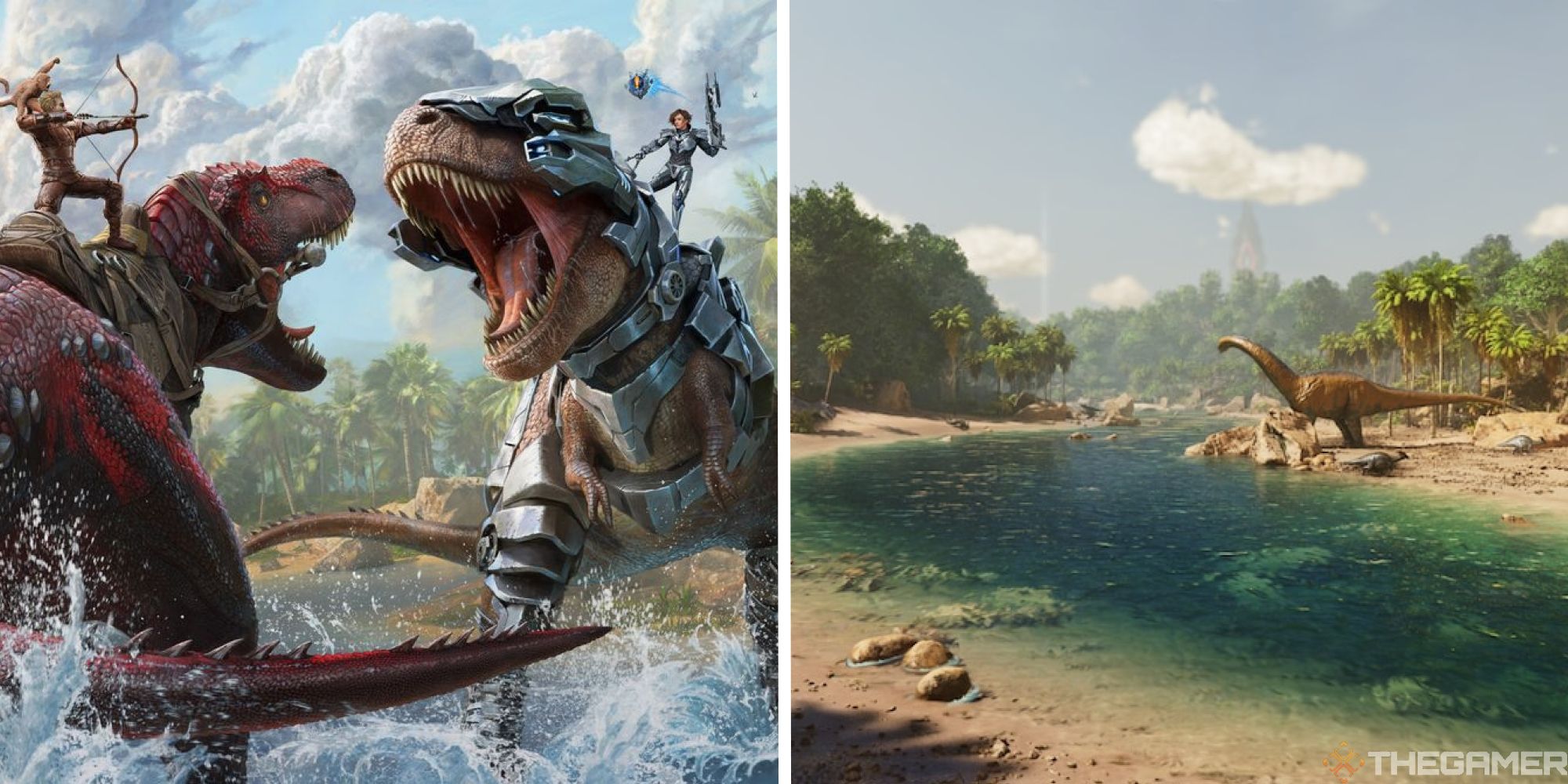 Imagen dividida de Ark Survival Ascend que muestra el arte oficial del juego de dos jugadores en dinosaurios, junto a la imagen del río atravesando el bosque.