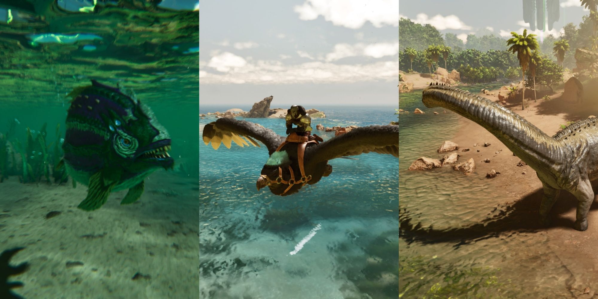 Imagen dividida que muestra una piraña nadando en un lago, un personaje jugador montado en un Argentavis volador y un Brontosaurio salvaje mirando un río en Ark: Survival Ascended.