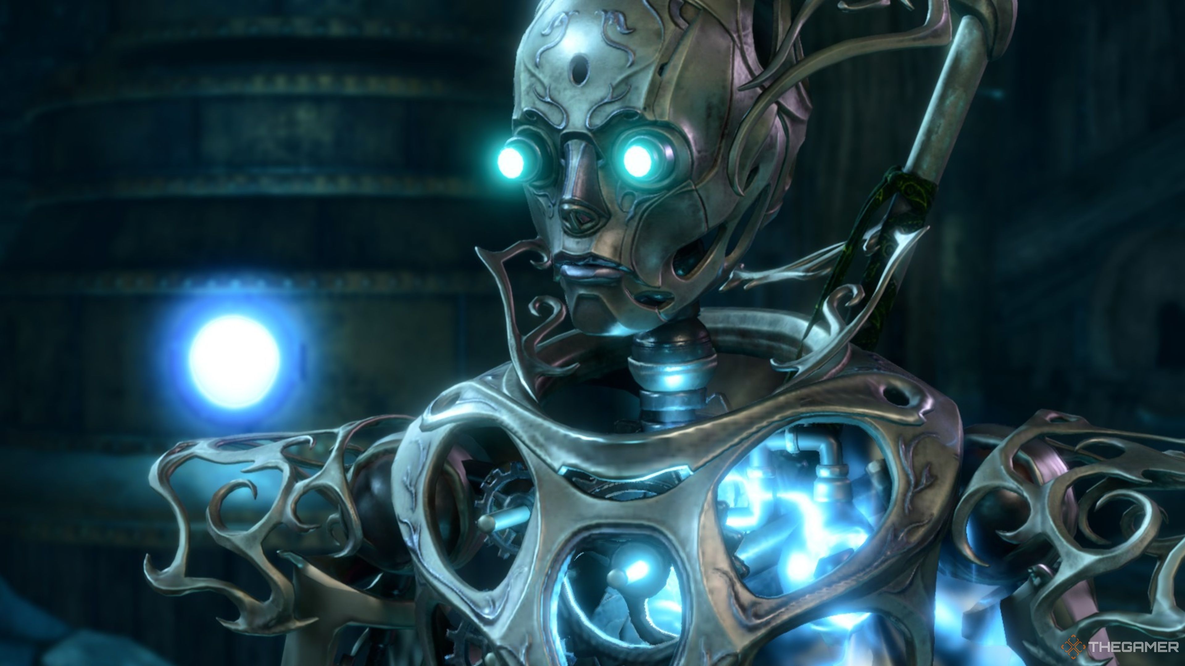 Bernard, un robot plateado con brillantes ojos azules, mirando hacia adelante en Baldur's Gate 3.