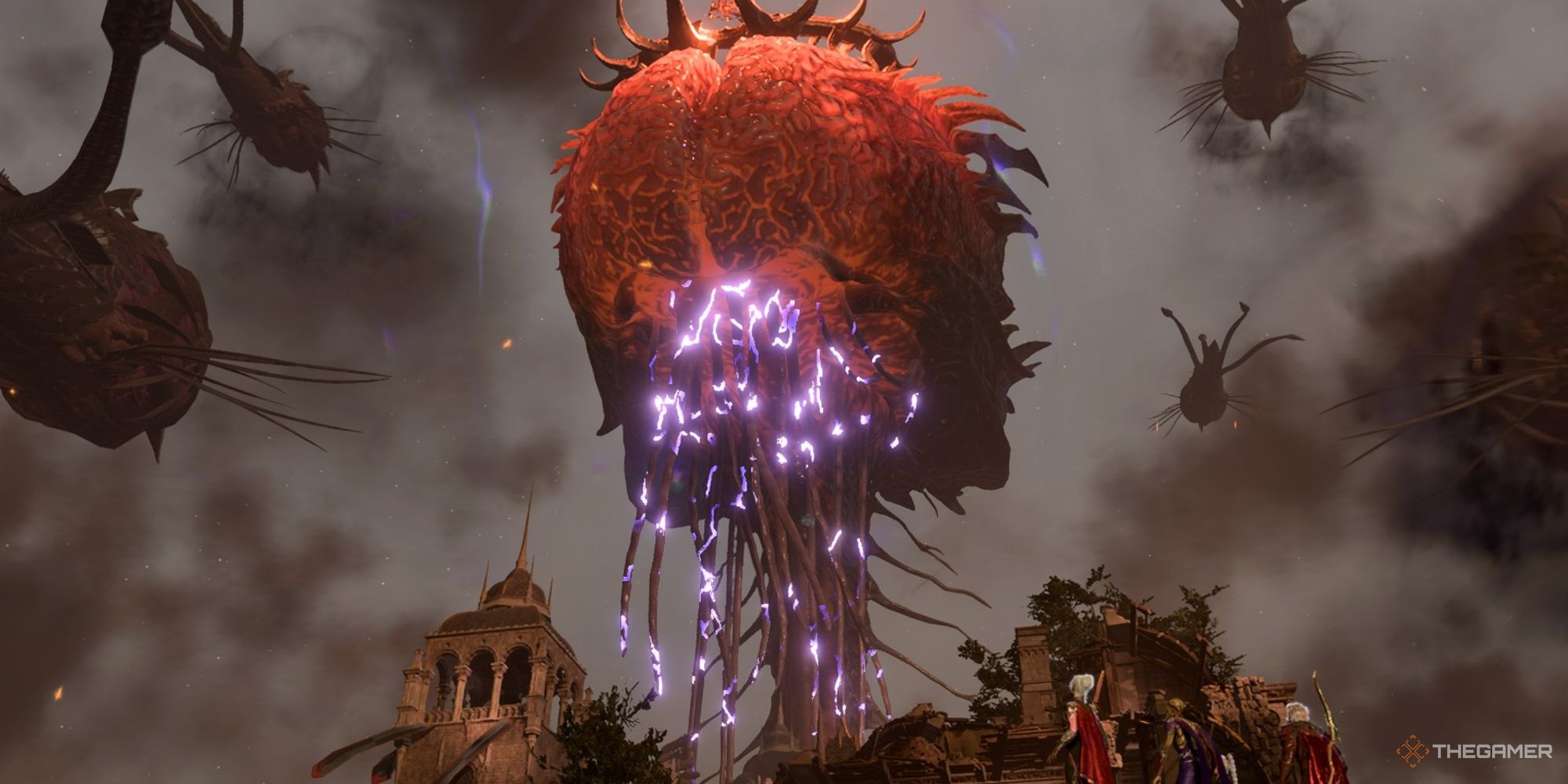 Netherbrain vuela por encima de las ruinas de Baldur's Gate en la cinemática de la batalla final de Baldur's Gate 3.